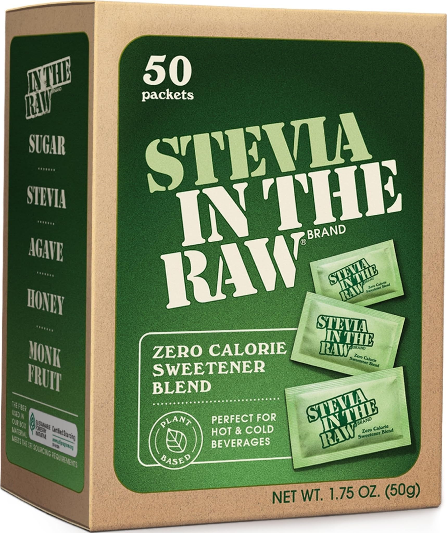 Stevia In The Raw 50 Count Box (Pack of 1) , 1.75 ounce each | Zero Calorie Stevia Sugar Substitute Packets, No Erythritol or Artificial Flavors, Vegan, Gluten Free, Kosher