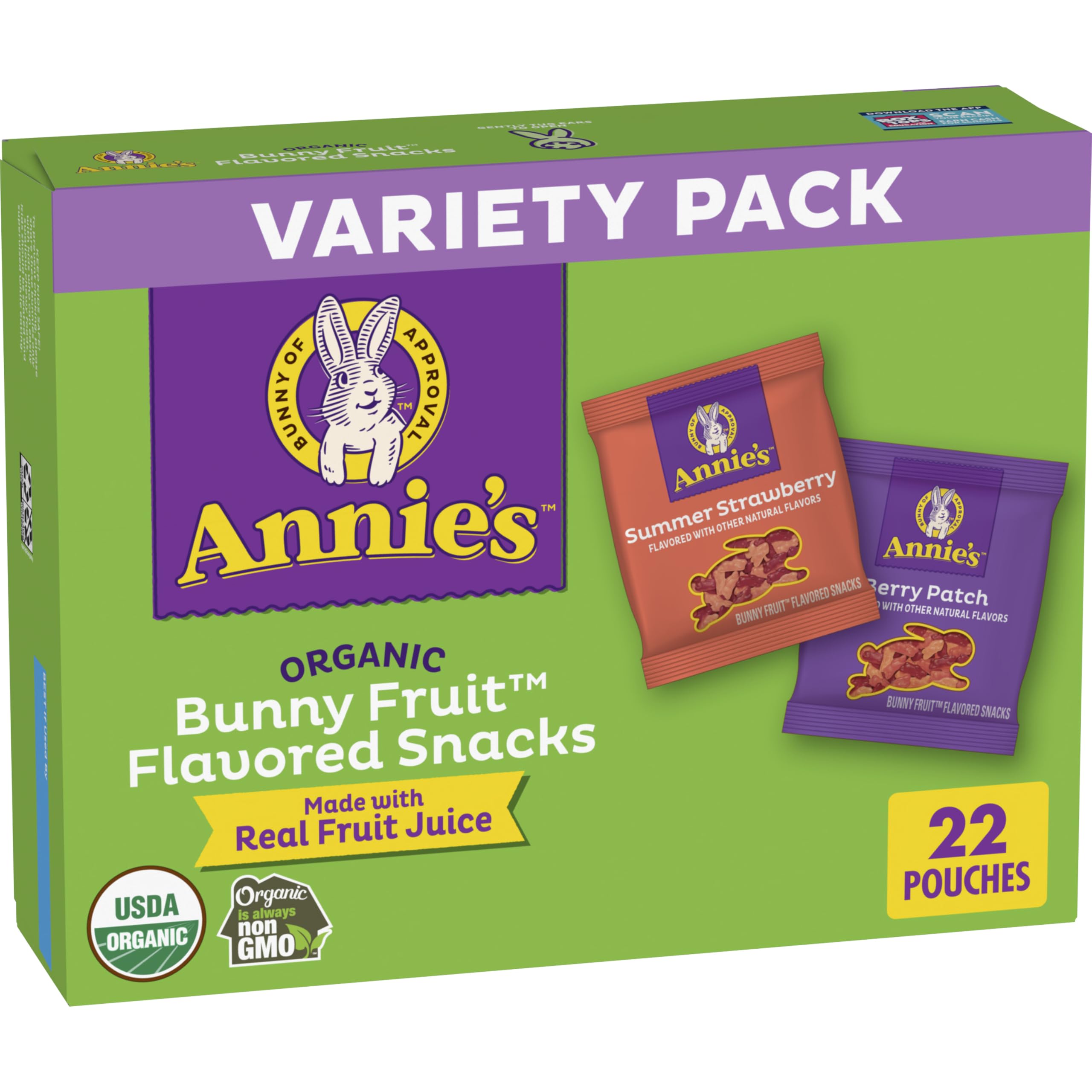 Annie's Organic Bunny Fruit Flavored Snacks, Variety Pack, 22 ct, 15.4 oz | Summer Strawberry & Berry Patch Flavors, Certified USDA Organic, Individual Pouches Are Great for Lunchboxes