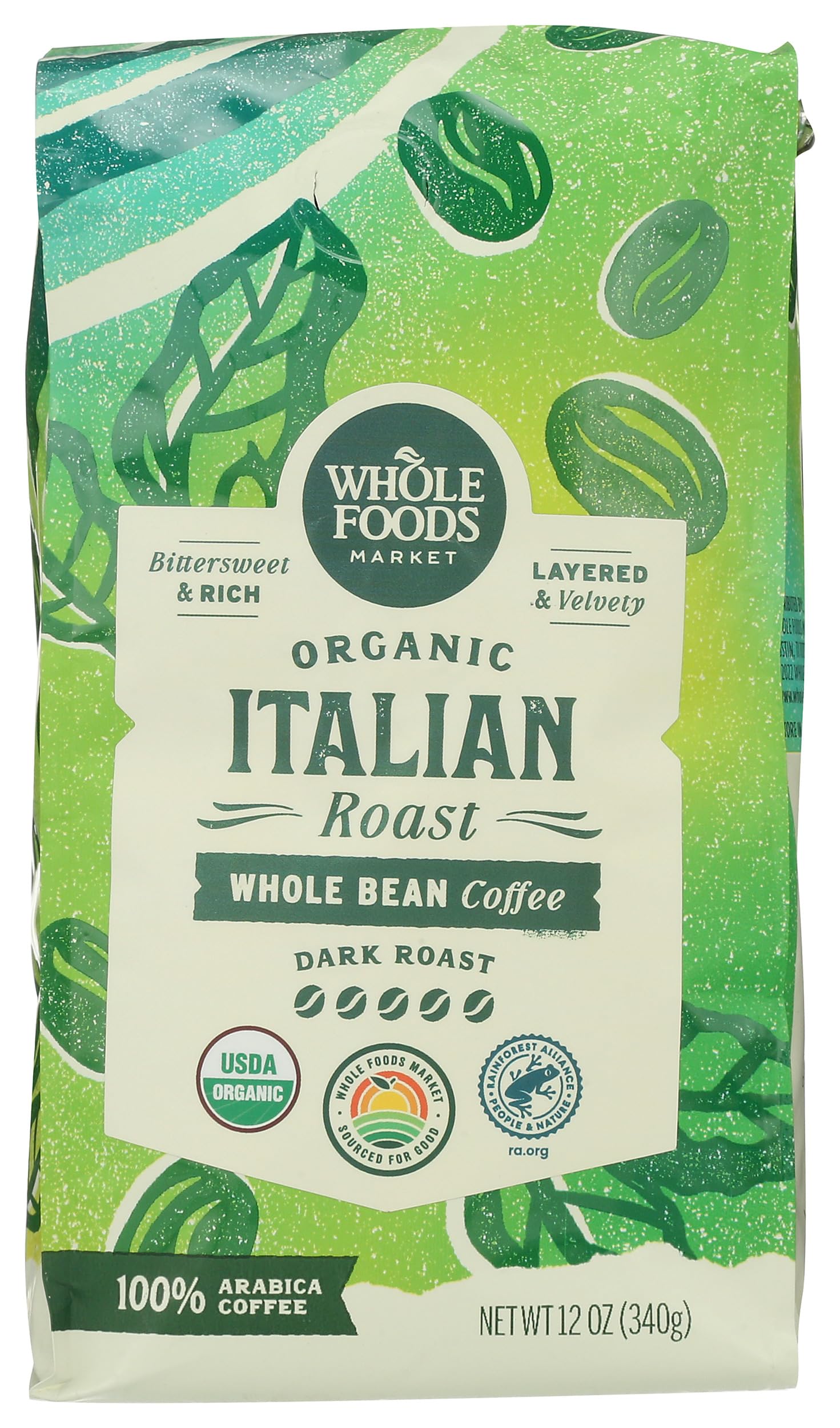 Organic Whole Bean Coffee, Dark Italian Roast, Bittersweet, Rich & Velvety, 12 Ounce