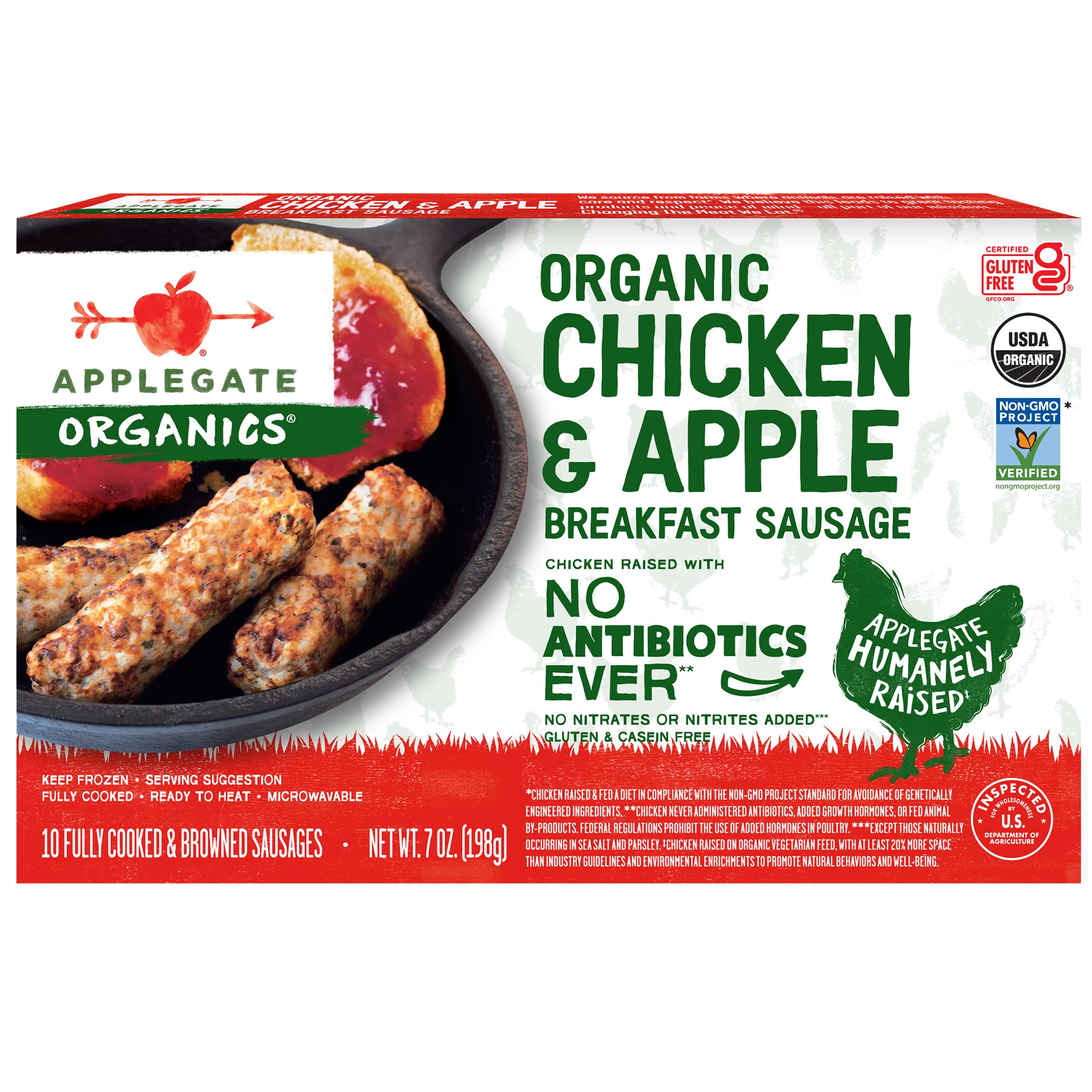 APPLEGATE ORGANICS Chicken & Apple Breakfast Sausage, 7oz (Frozen) | No Antibiotics Ever, Certified Gluten-Free, No Artificial Ingredients, Fully cooked and ready to heat