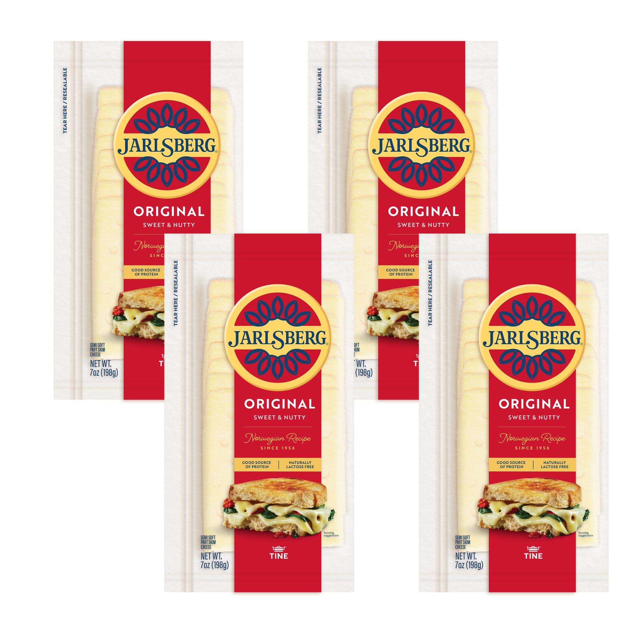 Jarlsberg Cheese Original Slices, 7 oz, Resealable Bag – Semi-Soft, Sweet & Nutty, Naturally Lactose & Gluten Free (Pack of 4)