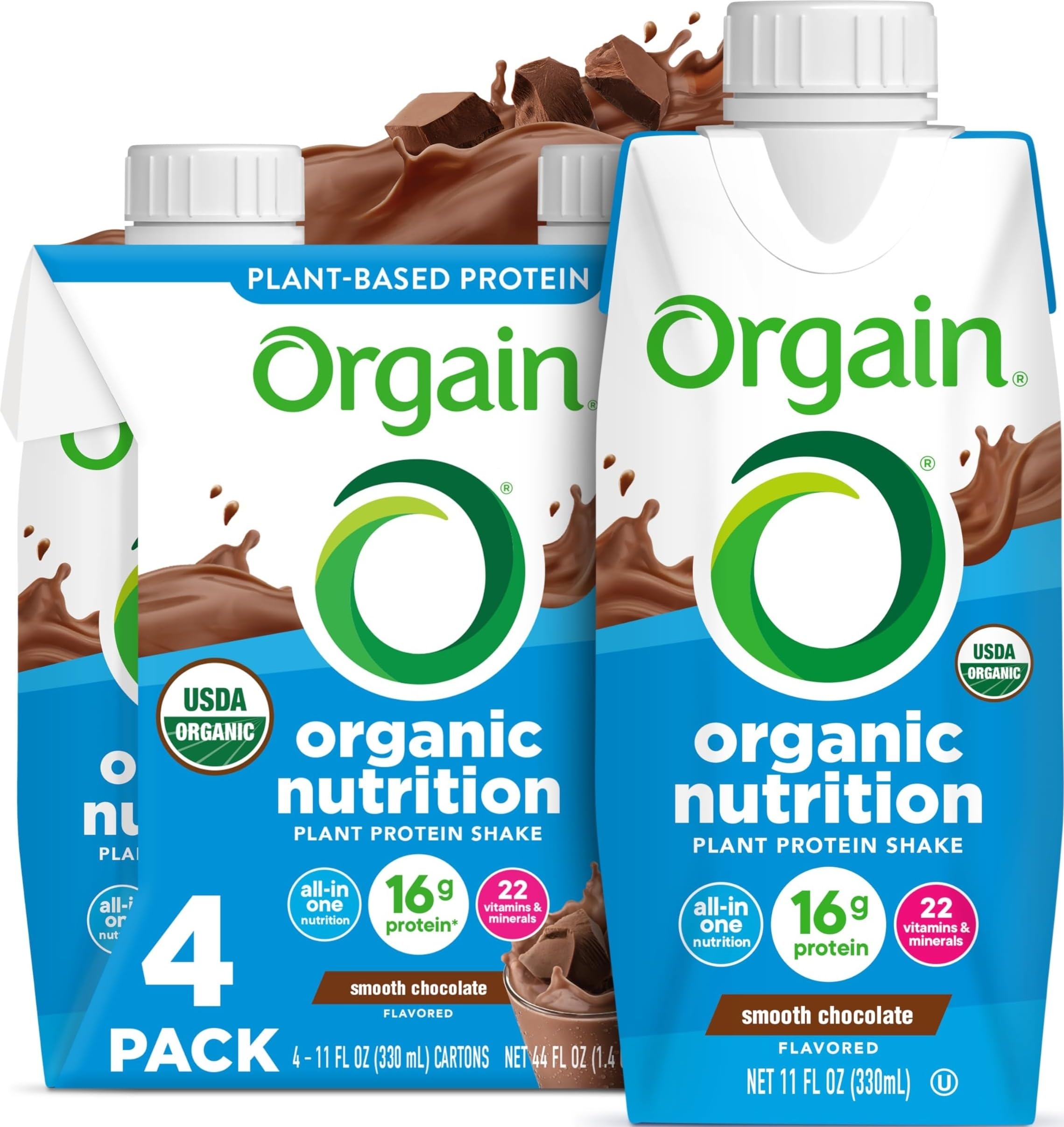 Orgain Organic Nutritional Vegan 16g Protein Shake, Chocolate, 11 oz, 4pk | Ready to drink plant based protein, meal replacement, 22 vitamins & minerals, fruits & vegetables, non-GMO, gluten-free