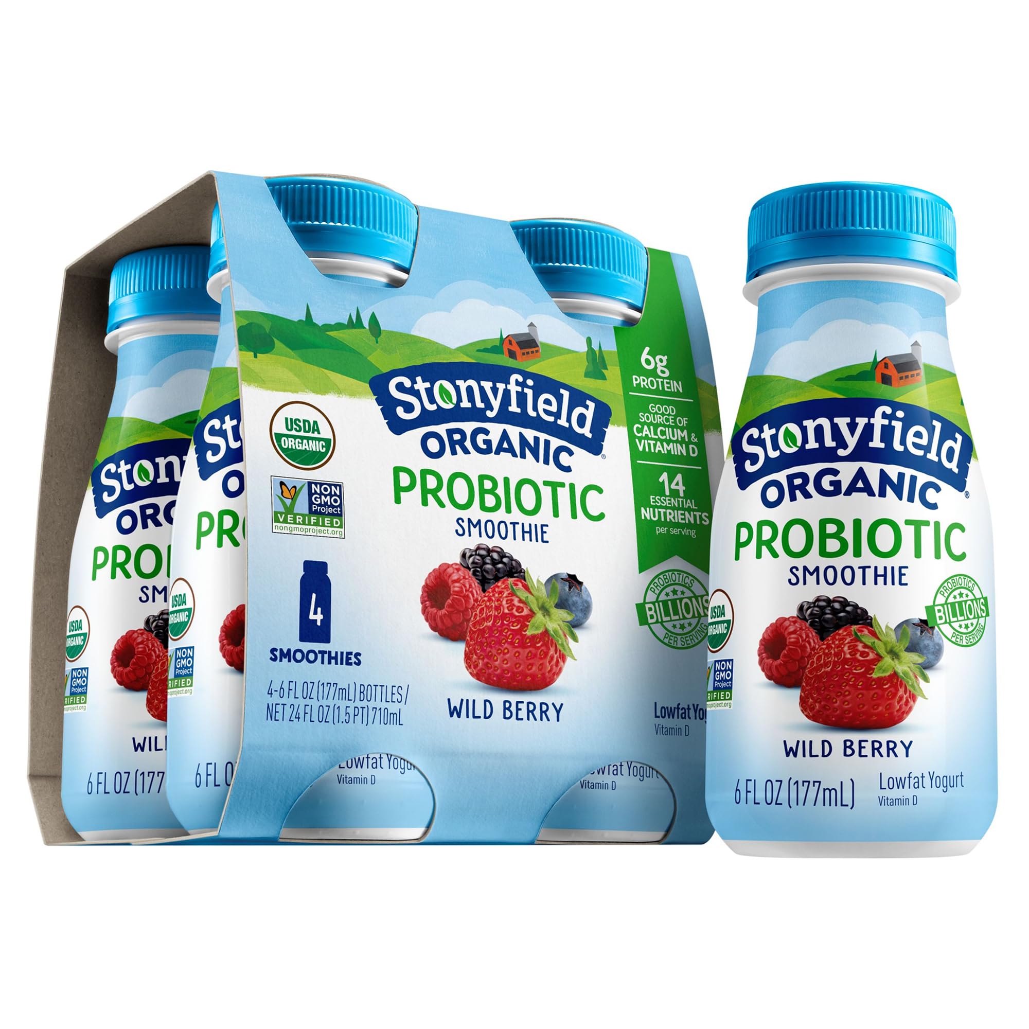 Stonyfield Organic Probiotic Yogurt Smoothies, Wild Berry, 6 fl. oz, 4 ct