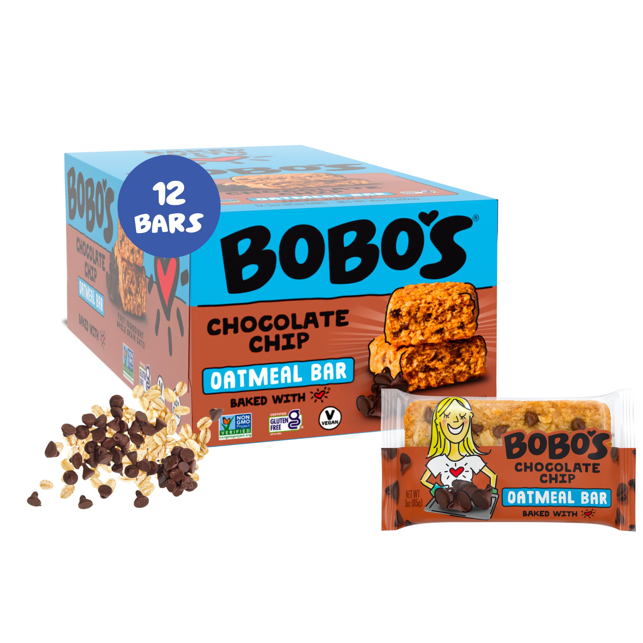 Bobo's Soft Baked Oatmeal Bars Oatmeal Bars, Chocolate Chip, 3oz (12 ct) | Gluten Free, Healthy Meal Replacement Bars for Adults & Kids, Simple Ingredients, Whole Grain Oats, Plant Based, Non-GMO