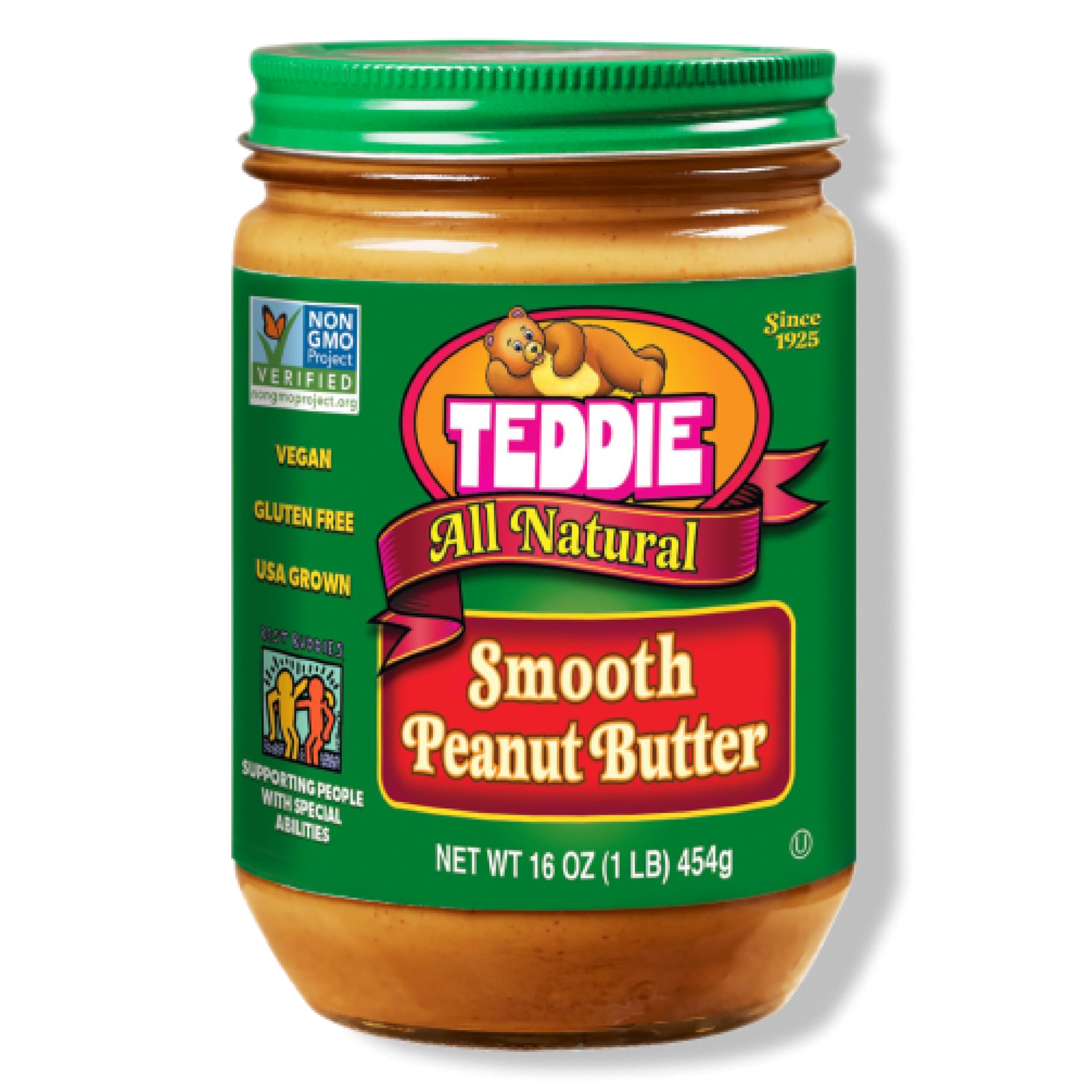 Teddie All Natural Peanut Butter, Smooth, Gluten Free & Vegan, 16 Ounce Glass (Smooth, Pack of 1)