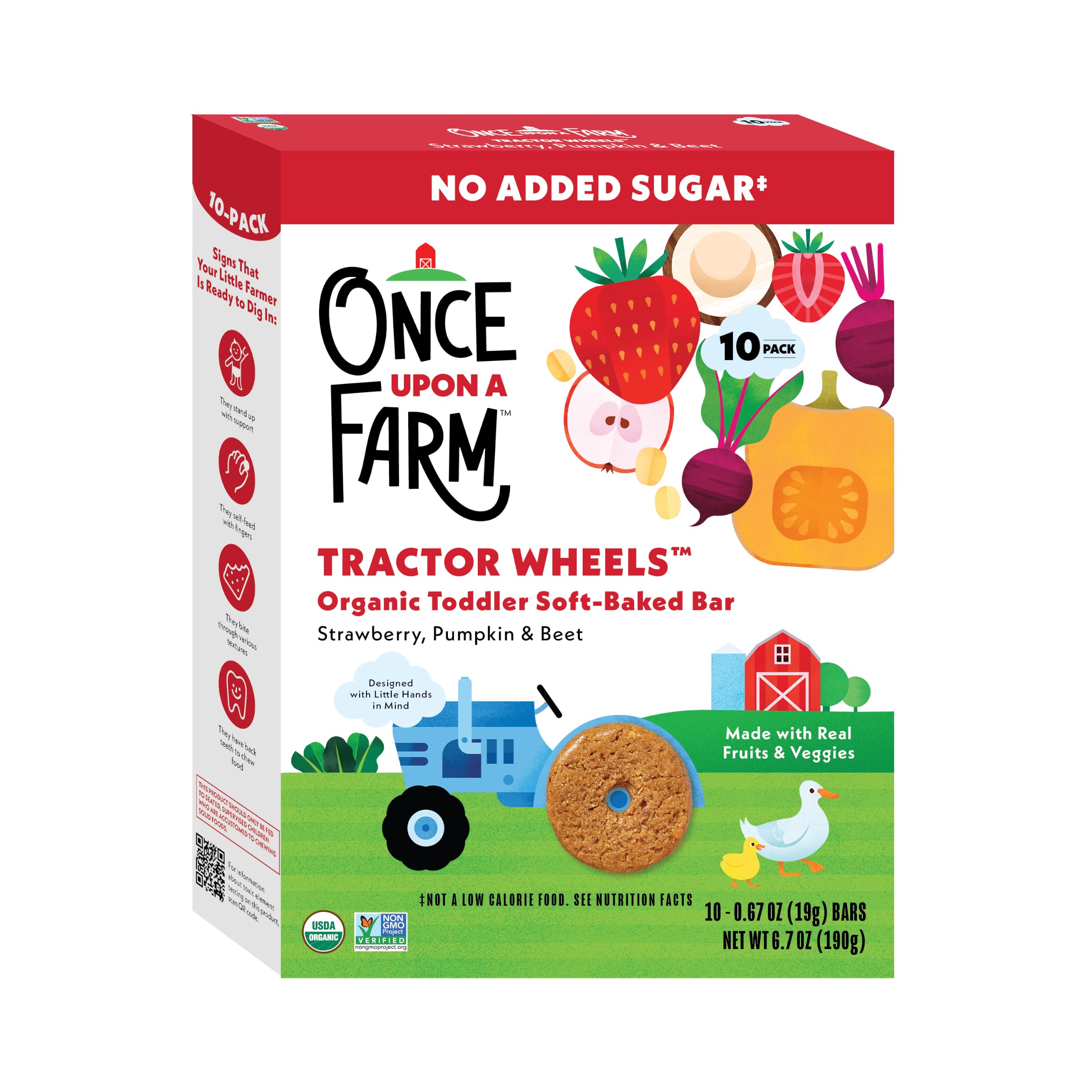 Once Upon a Farm Organic Tractor Wheels Toddler Bar, Strawberry, Pumpkin & Beet, 10ct
