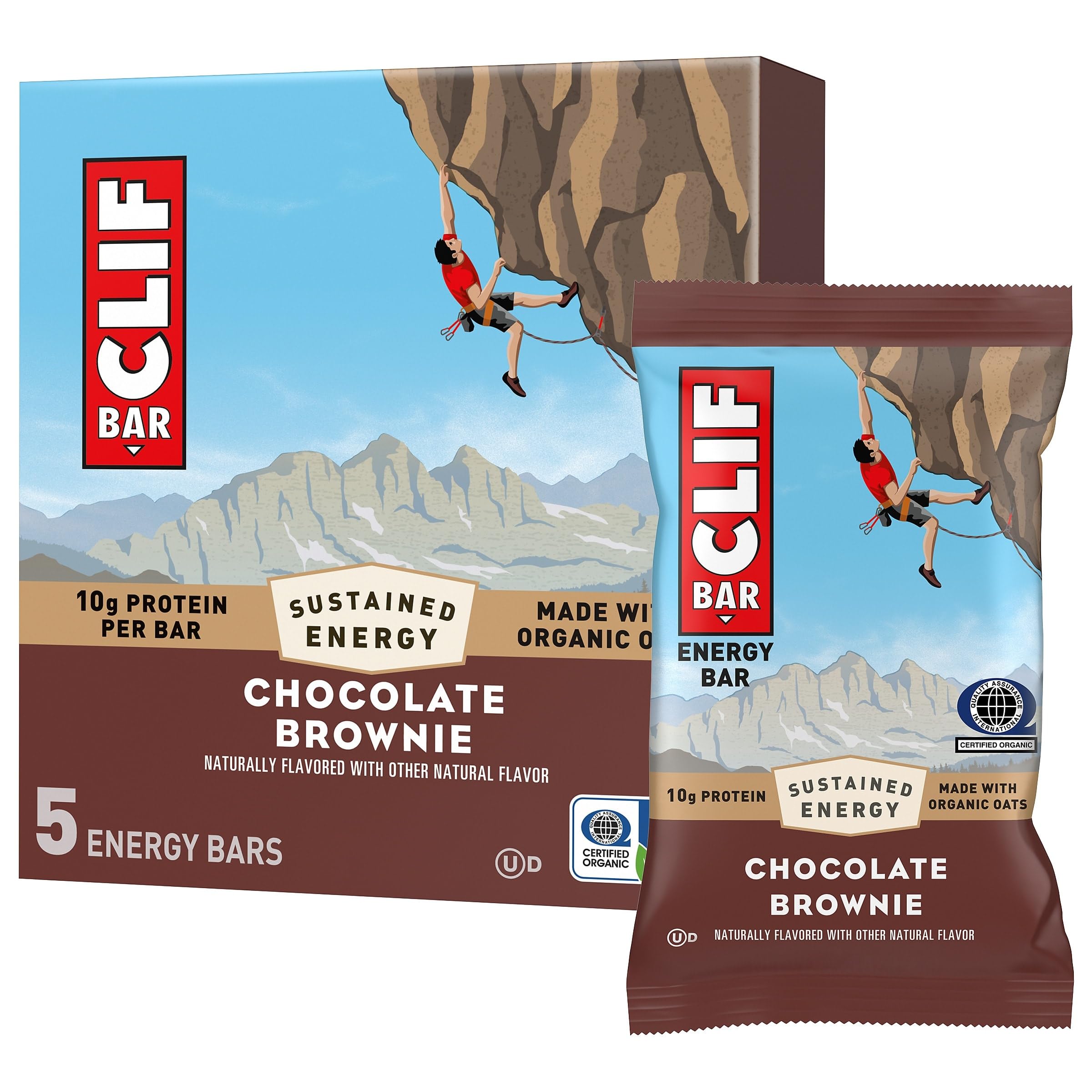 CLIF BAR Protein Energy Bars, Chocolate Brownie, 5ct | 10g Protein, Made with Organic Oats, Non-GMO, Plant-Based, No High Fructose Corn Syrup
