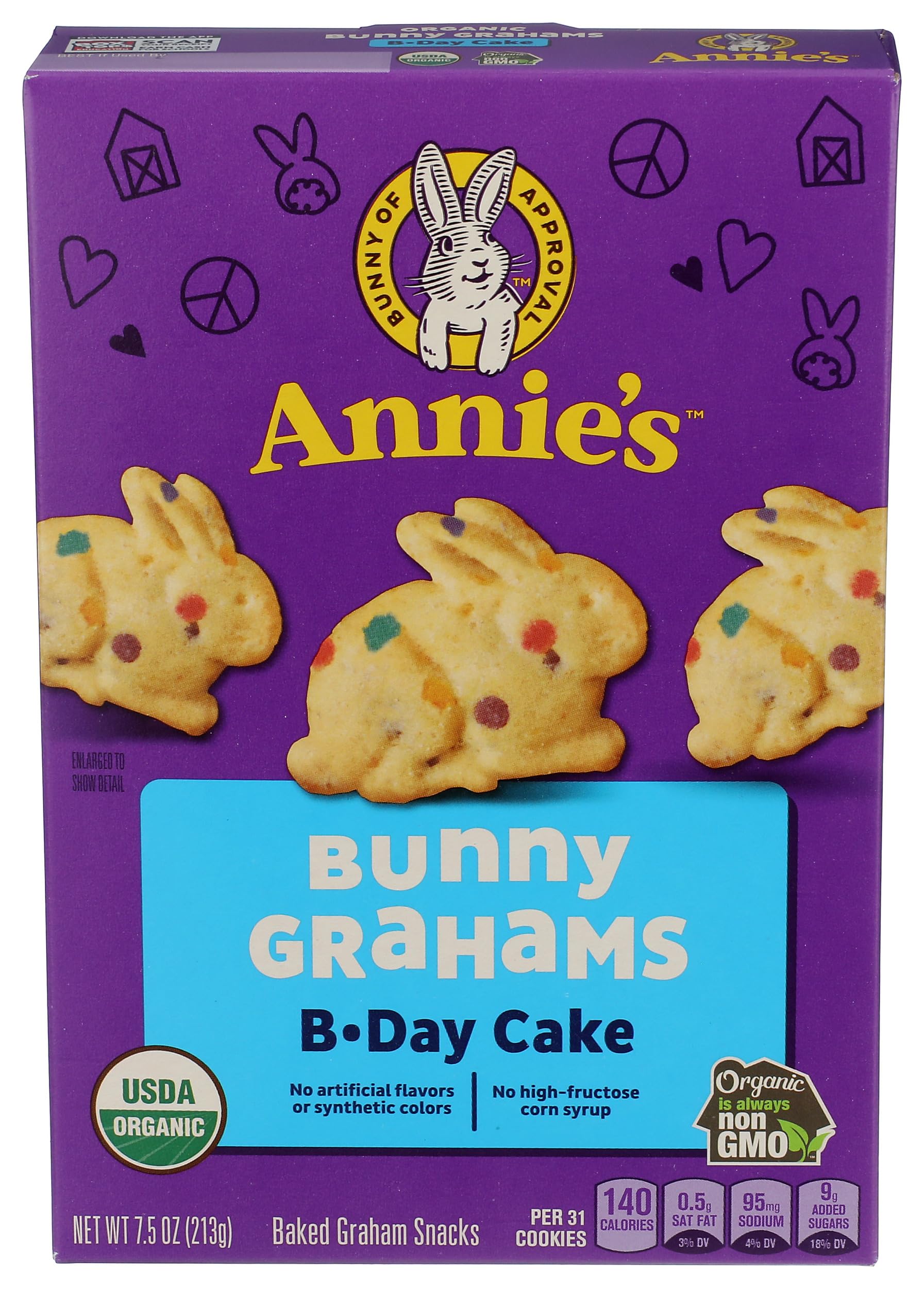 Annie's Organic Birthday Cake Bunny Grahams Snack Crackers, Non-GMO, 7.5 oz | Certified USDA Organic, Non-GMO, Bunny-Shaped Graham Crackers, Birthday Cake Flavor, No Artificial Flavors or Colors