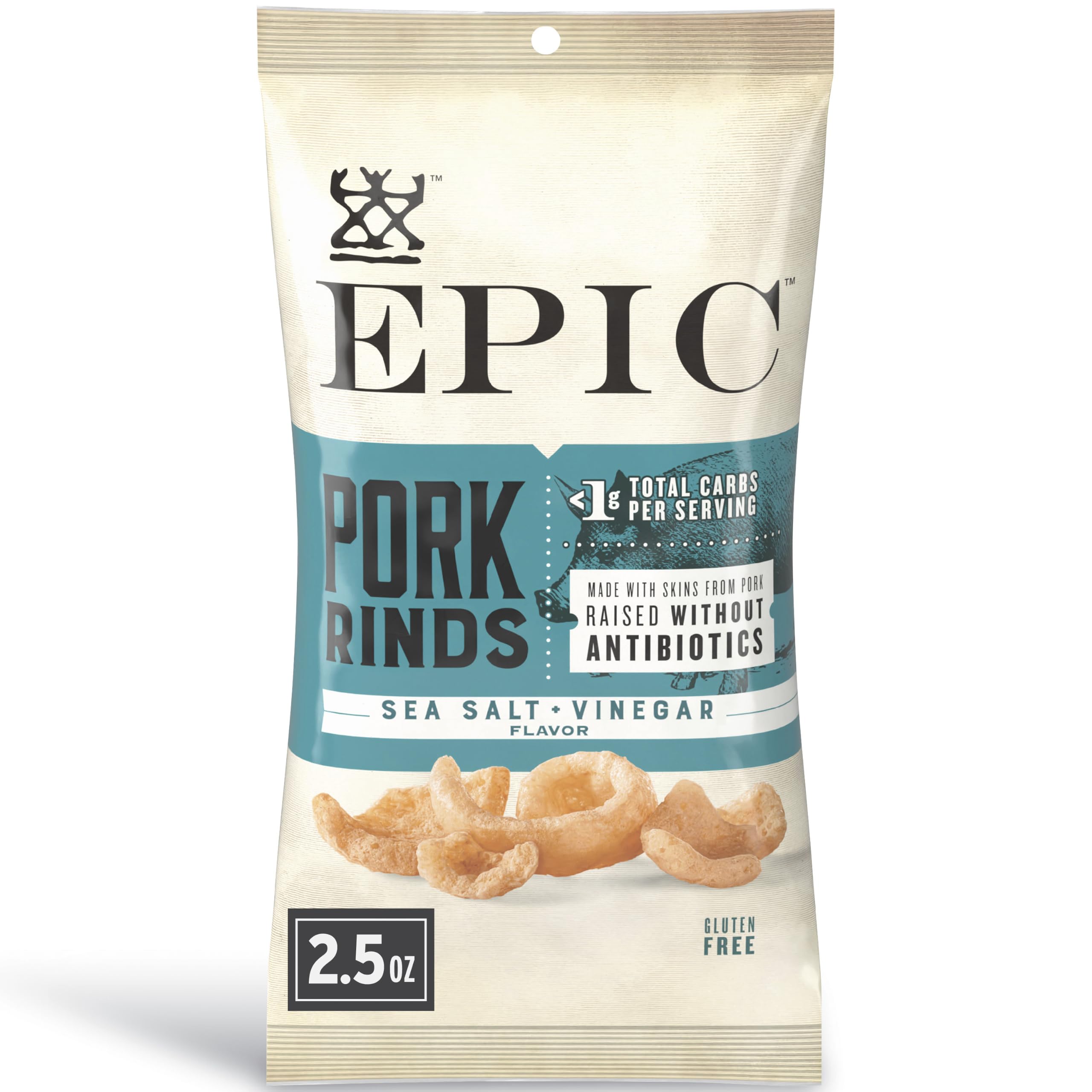 EPIC Provisions Sea Salt & Vinegar Pork Rinds, Gluten-Free, 2.5 oz | Antibiotic-Free Pork Skins, Keto & Paleo Friendly, 8g Protein, Under 1g Carbs per Serving