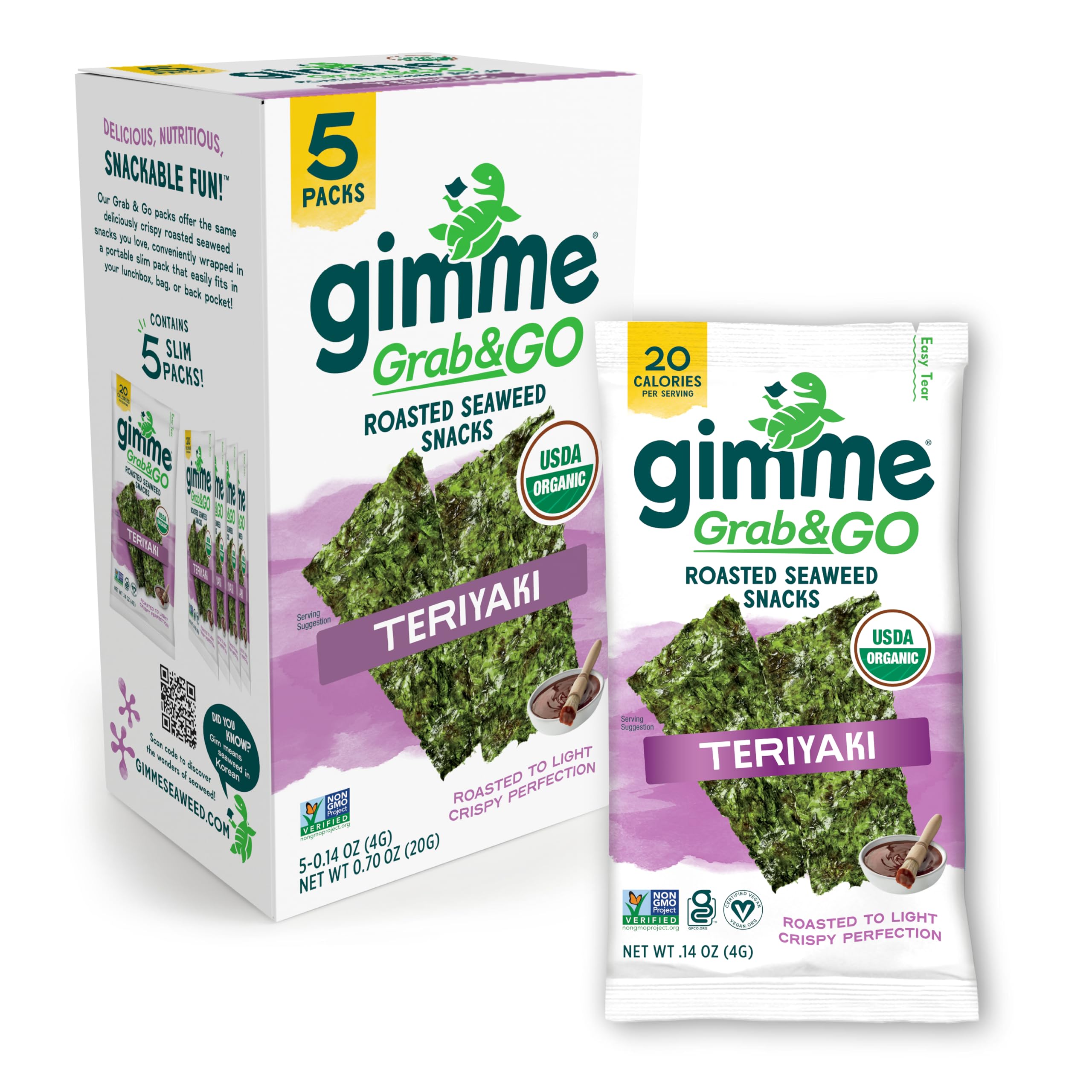 Gimme 5 CT Teriyaki Grab & Go Organic Roasted Seaweed Snacks, 4g, 0.14oz | Keto, Vegan, Gluten Free, Great Source of Iodine & Omega 3’s, Healthy On-The-Go Snack for Kids Adults