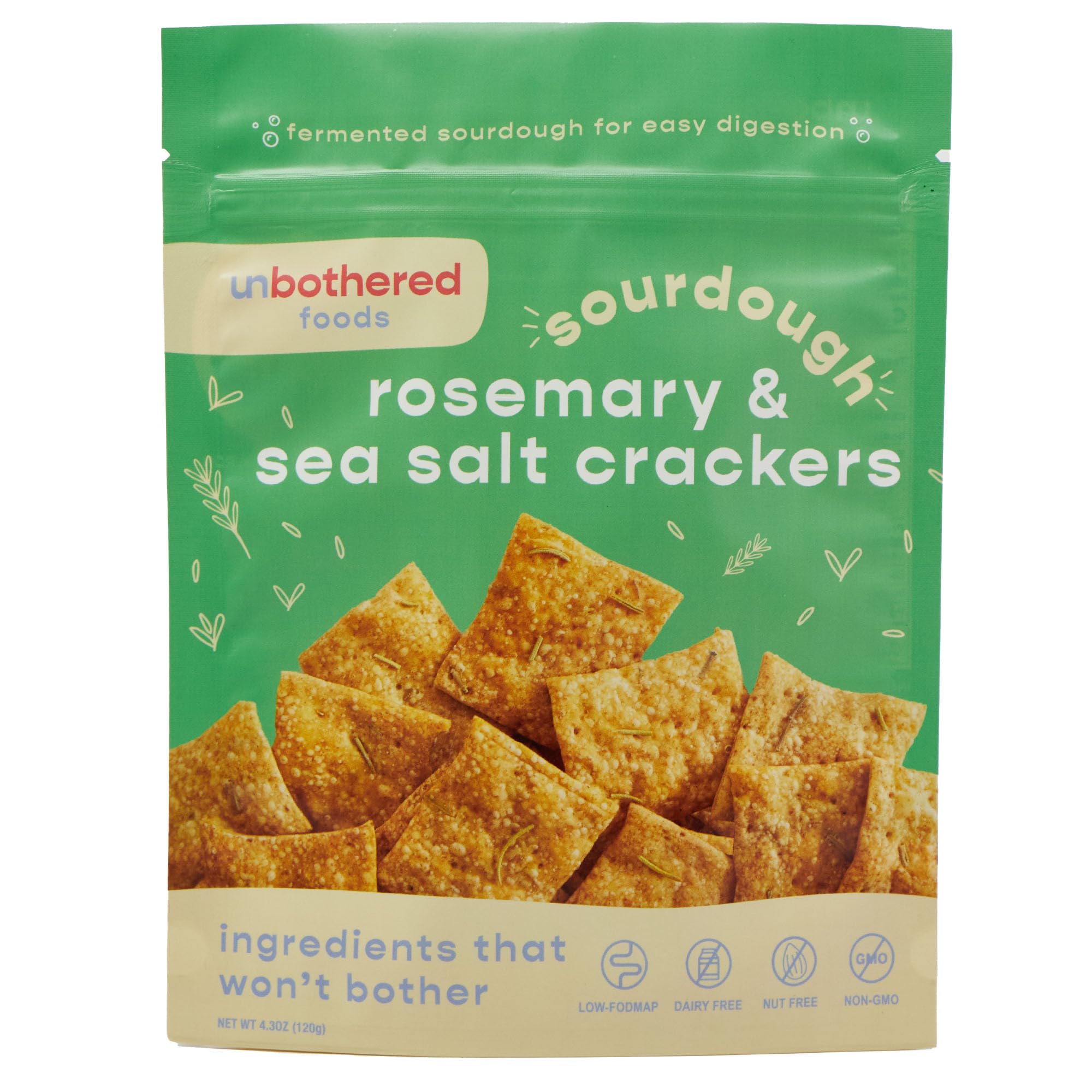 Unbothered Foods Rosemary & Sea Salt Sourdough Crackers - Gut-Friendly & Easy to Digest, Non-GMO, No Added Sugar, Nut-Free, Perfect for Cheese & Snacks, 100% Naturally Fermented