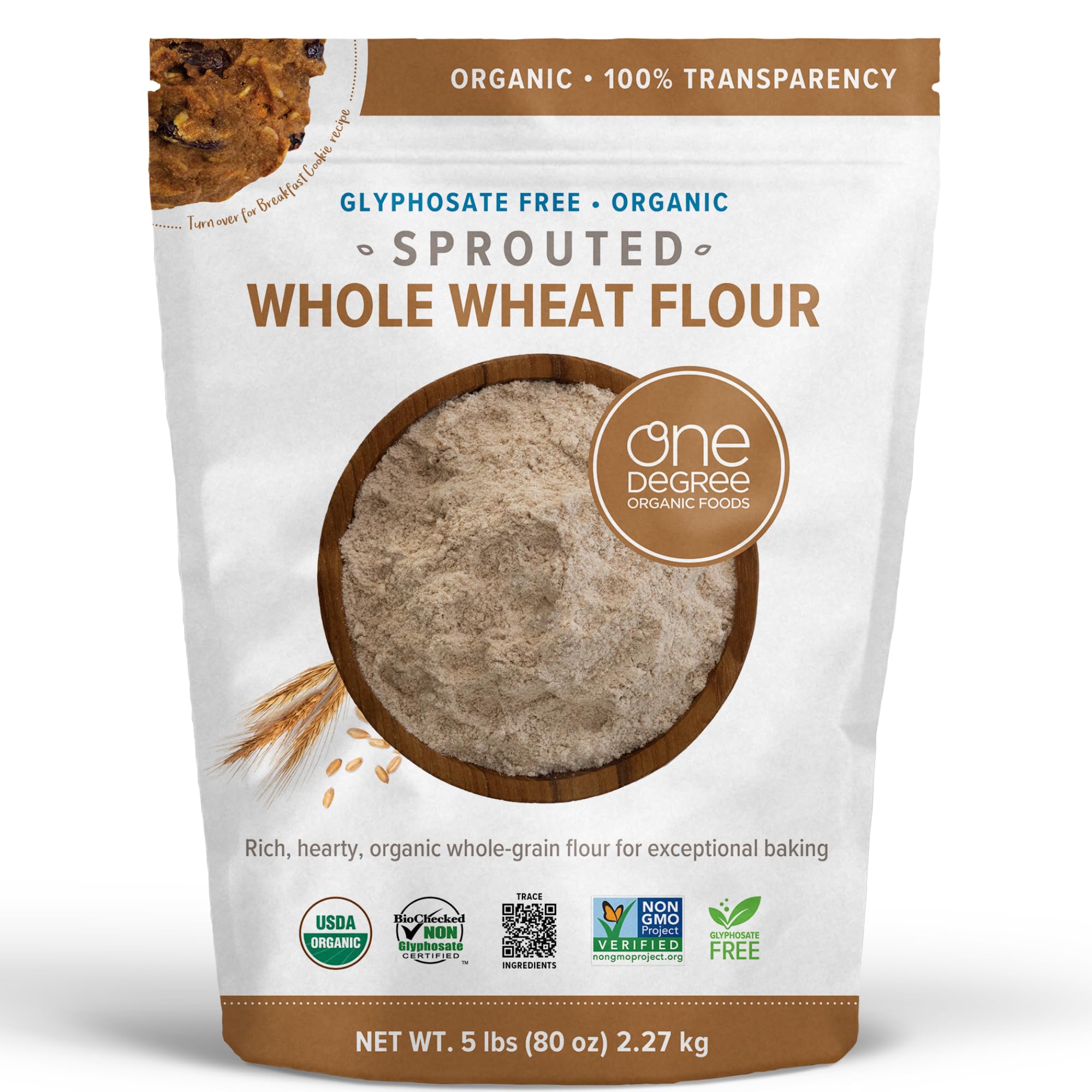 One Degree Organics Sprouted Whole Wheat Flour, 80oz | Whole Grain Baking Flour, Glyphosate-Free, USDA Organic, High Fiber, Non-GMO, Vegan, Kosher, White Flour Alternative