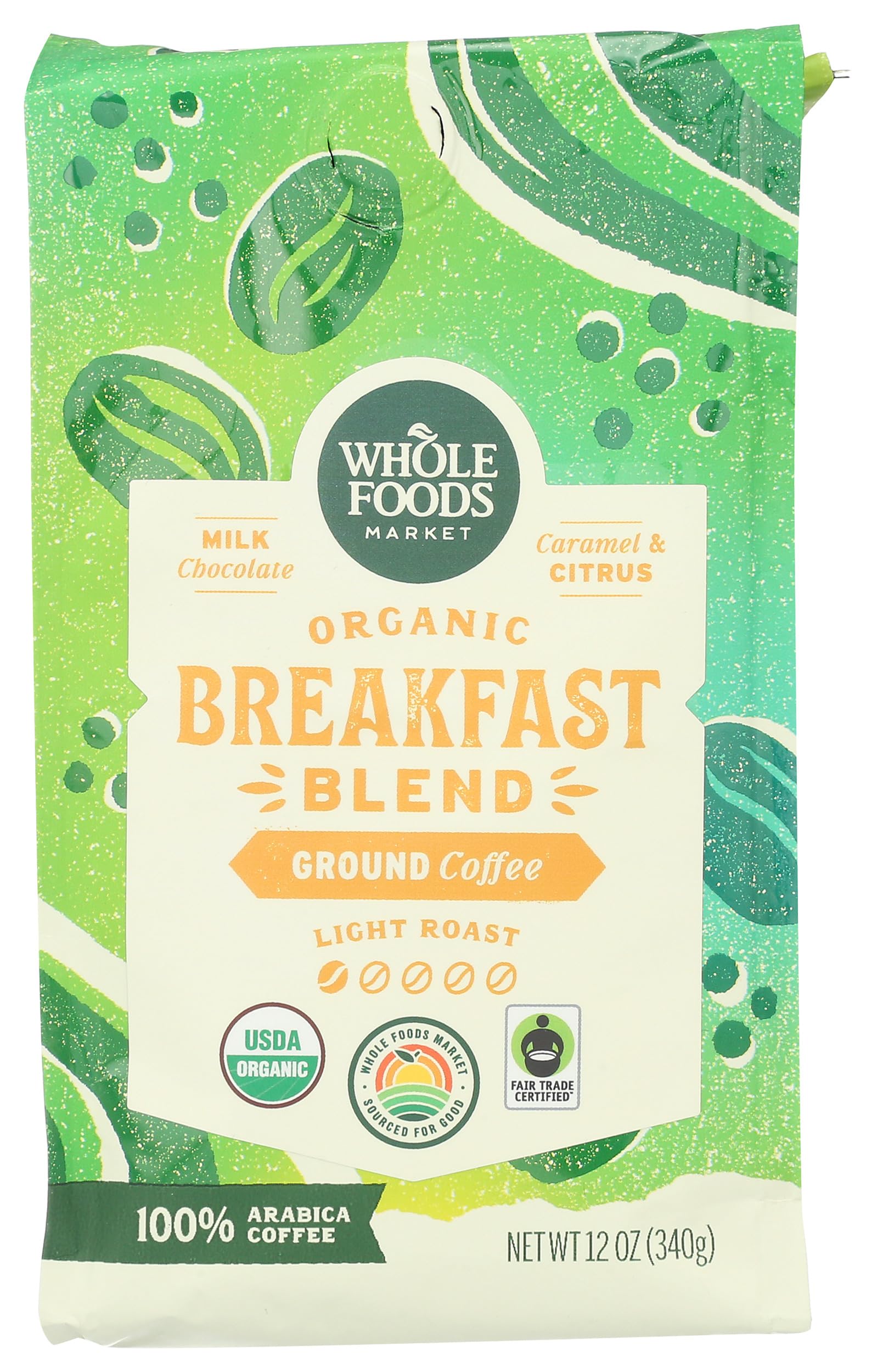 Organic Breakfast Blend Ground Coffee, Light Roast, Milk Chocolate, Caramel & Citrus, 12 Ounce