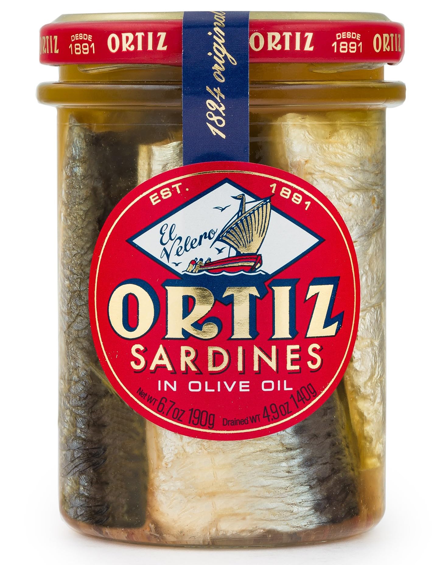 Ortiz Sardines A la Antiqua 'Old Style', Moist and Tender, Wild Caught in Spain and Hand-Packed in Premium Extra Virgin Olive Oil, Enjoy in Salads, Sandwiches and on Toast, 6.7oz Jar (Pack of 1)
