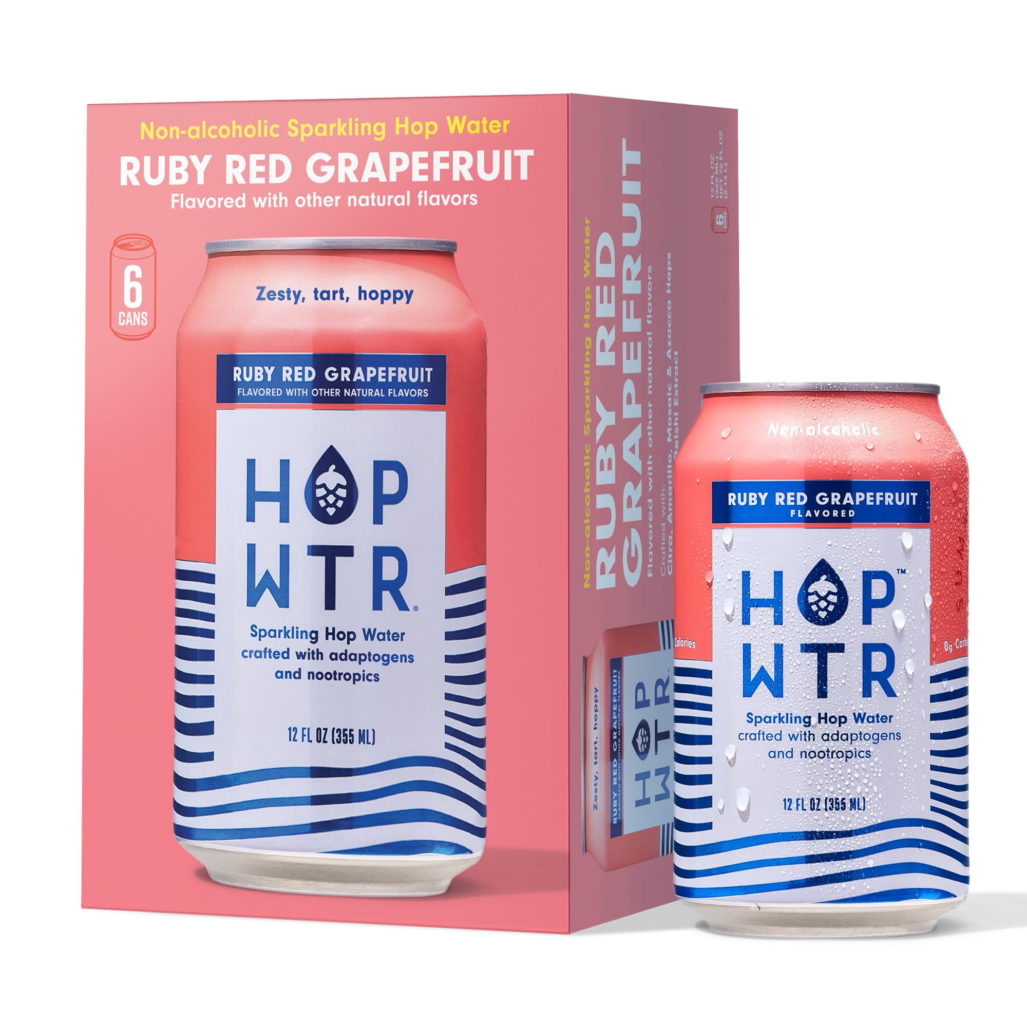 HOP WTR - Sparkling Hop Water - Ruby Red Grapefruit (6 Pack) - NA Beer, No Calories or Sugar, Low Carb, With Adaptogens and Nootropics for Added Benefits (12 oz Cans)