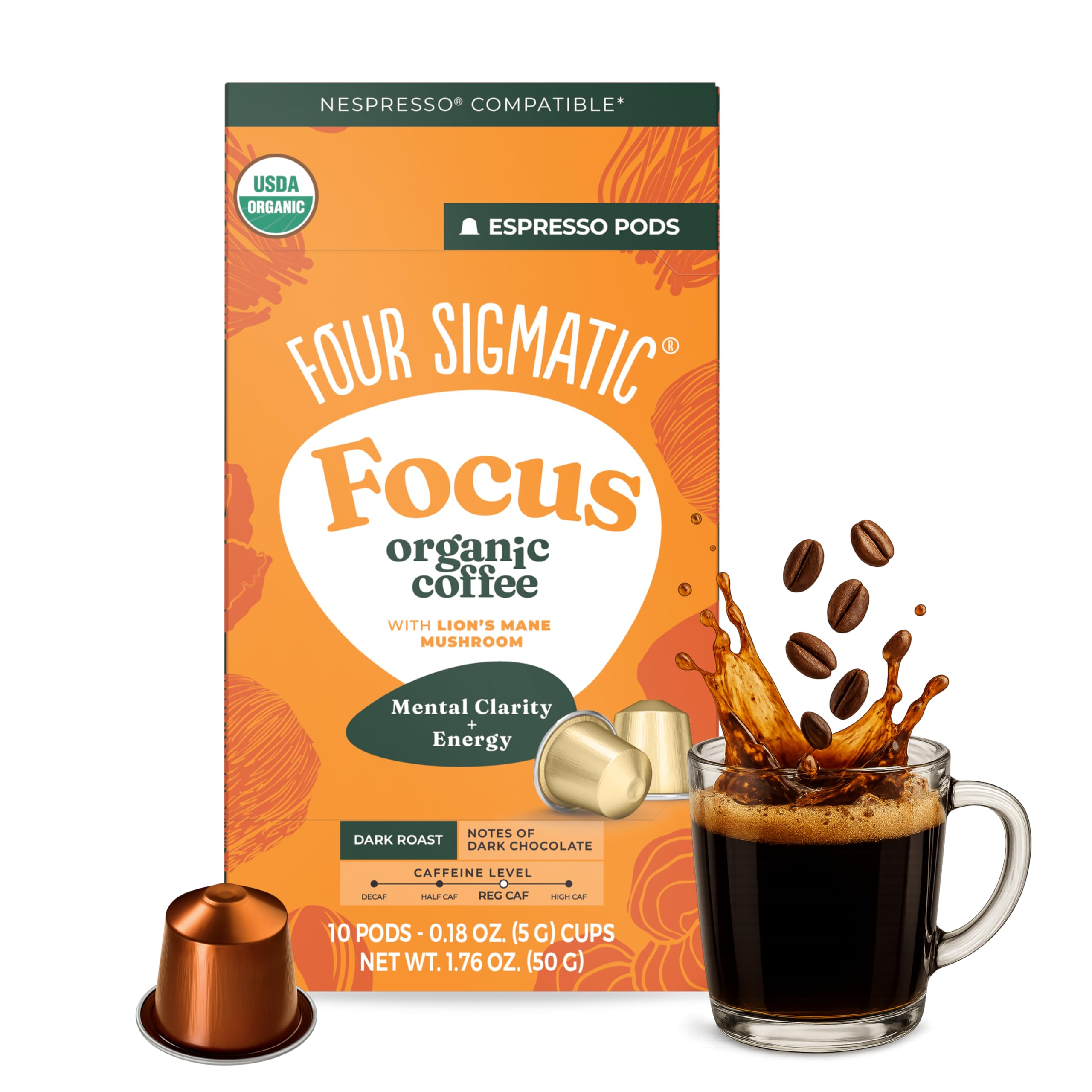 Four Sigmatic Focus Coffee Pods Compatible with Nespresso Original | Organic Dark Roast Espresso with Added Focus | Mushroom Coffee Enhanced with Lion's Mane | Original Dark Roast 10ct