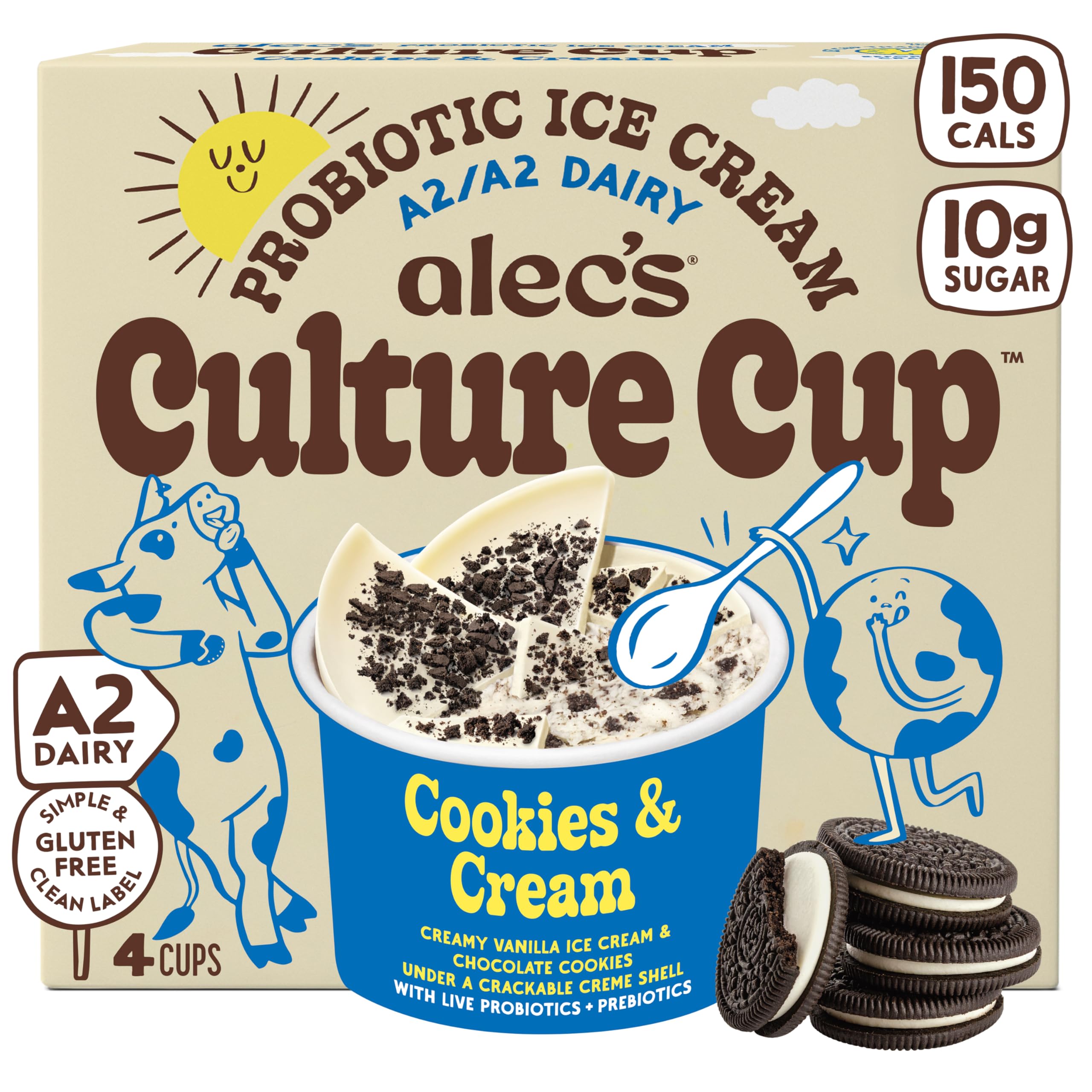 Alec's Culture Cup Cookies and Cream Probiotic Ice Cream, 4 Count | 150 calories, 10g sugar, live probiotics, crackable shell, 3.5oz single serve cups, grass-fed A2/A2 dairy, gluten free
