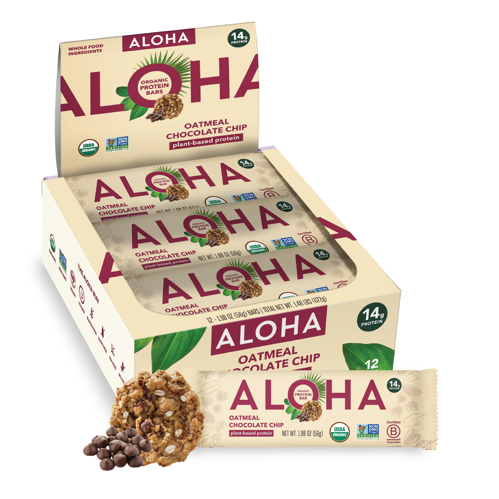 ALOHA Organic Plant Based Protein Bars - Oatmeal Chocolate Chip - 12 Count, 1.9oz Bars - Vegan Snacks, Low Sugar, Gluten-Free, Low Carb, Paleo, Non-GMO, Stevia-Free, No Sugar Alcohols