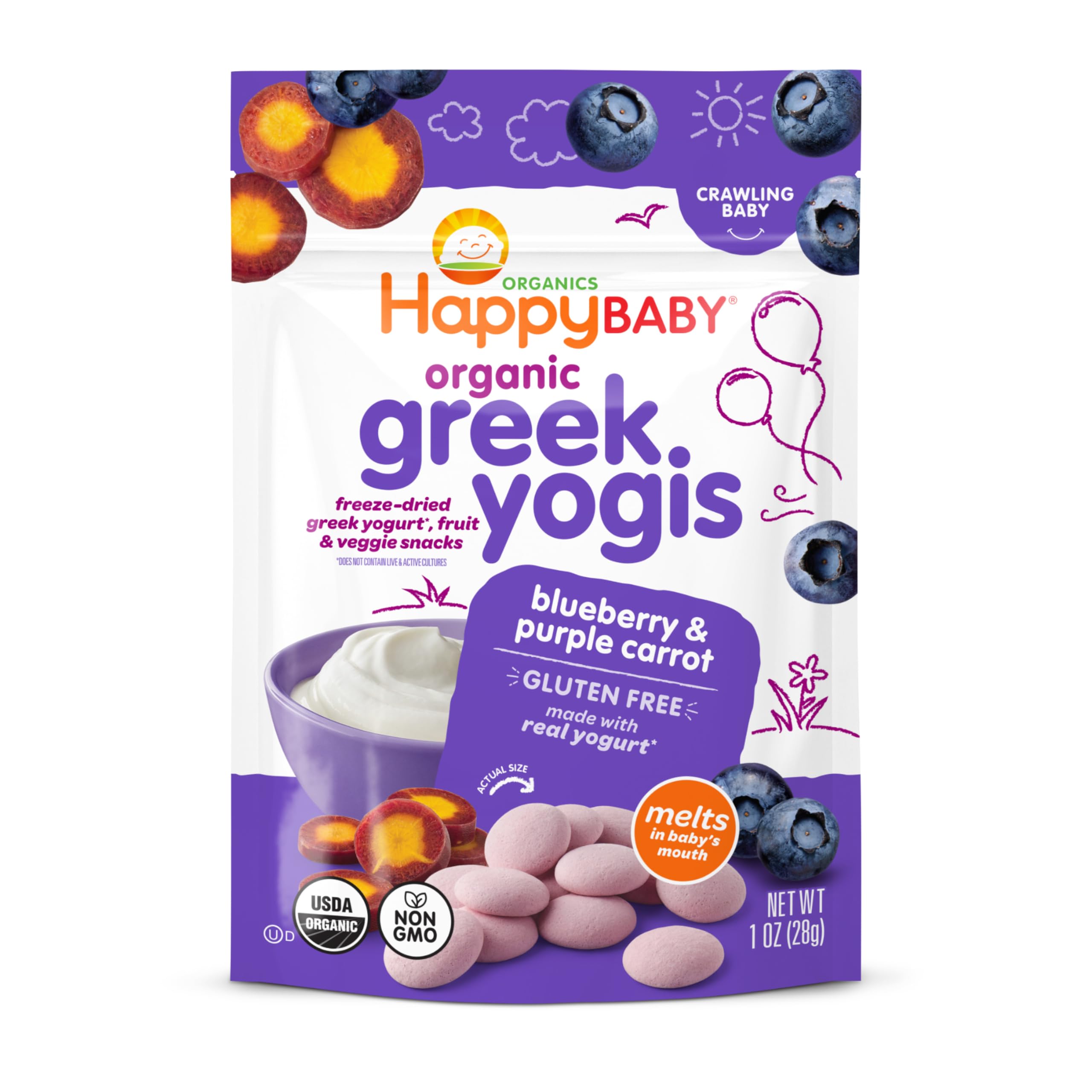 HAPPY BABY Greek Yogis, Blueberry & Purple Carrot, 1oz Pouch (8 Pack) | USDA Organic Baby Snack, Made with Real Fruit and Greek Yogurt, Gluten-Free, Supports Pincer Grasp, Non-GMO, Dissolving