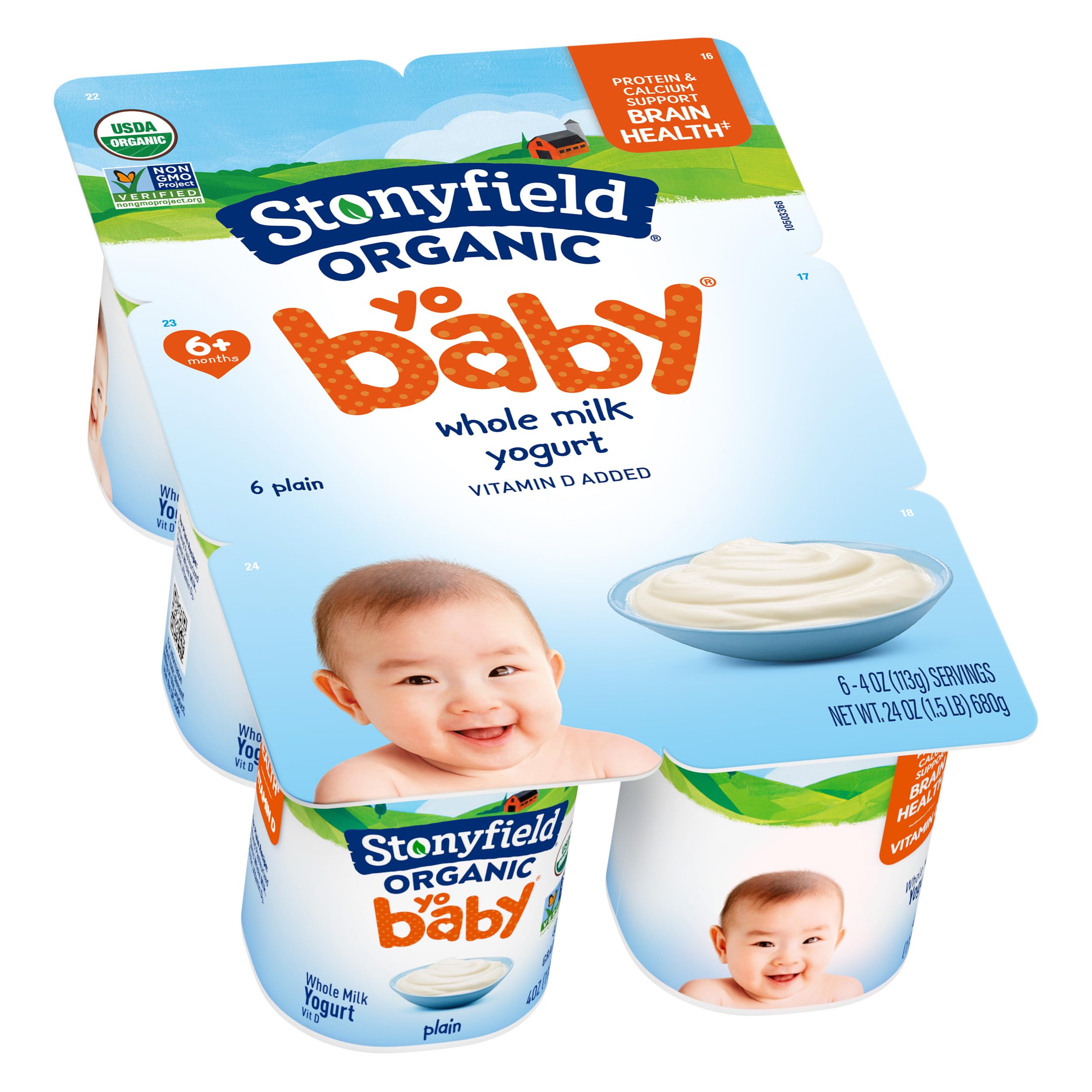 Stonyfield Organic YoBaby Yogurt Cups, Plain, 4 oz, 6 ct