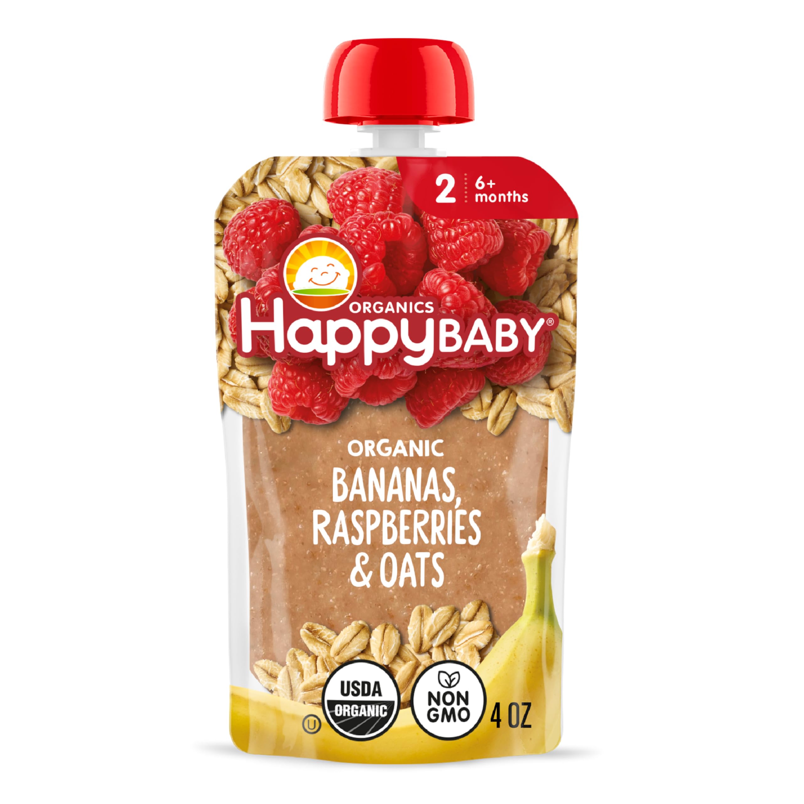 Happy Baby Organics Stage 2 Baby Food Pouches, Gluten Free, Vegan & Healthy Snack, Clearly Crafted Fruit & Veggie Puree, Bananas, Raspberries & Oats, 4 Ounces (Pack of 1)