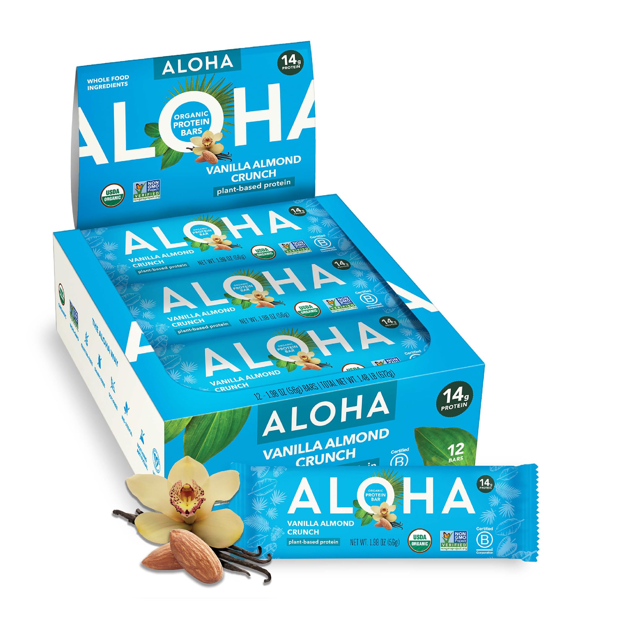 ALOHA Organic Plant Based Protein Bars | Vanilla Almond Crunch, 12 Count | Less Than 5g of Sugar, High Fiber, Macro Friendly | GLP-1 & Keto Friendly, No Sugar Alcohols | Non-GMO, Vegan & Dairy Free