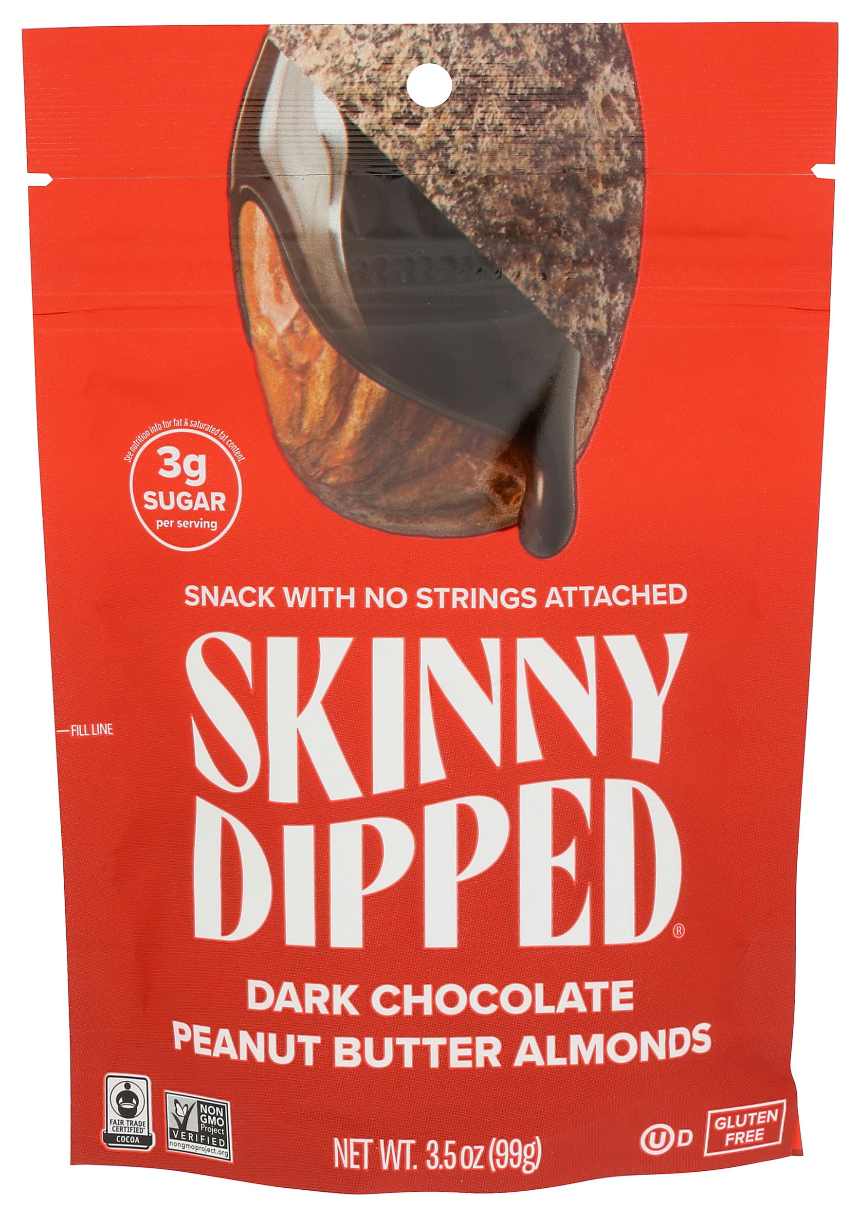 SkinnyDipped Dark Chocolate Peanut Butter Almonds, Healthy Snack, Plant Protein, Gluten Free, 3.5 oz Resealable Bags, Pack of 1