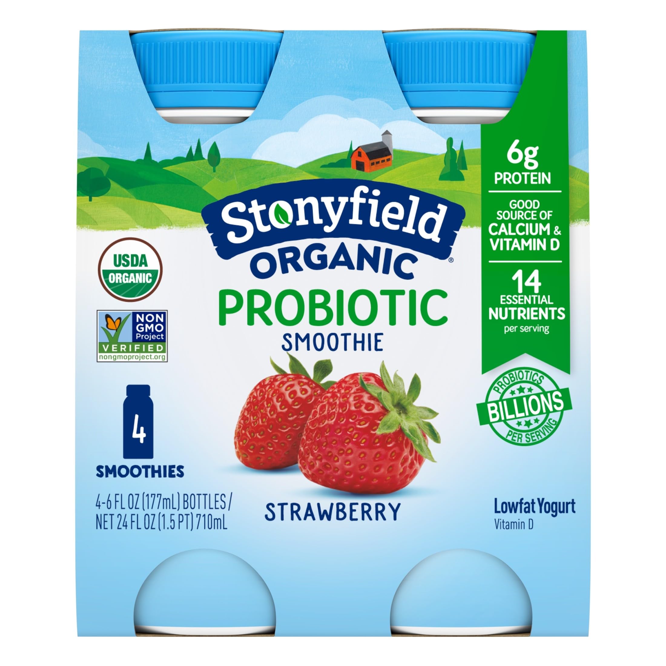 Stonyfield Organic Probiotic Yogurt Smoothies, Strawberry, 6 fl. oz, 4 ct