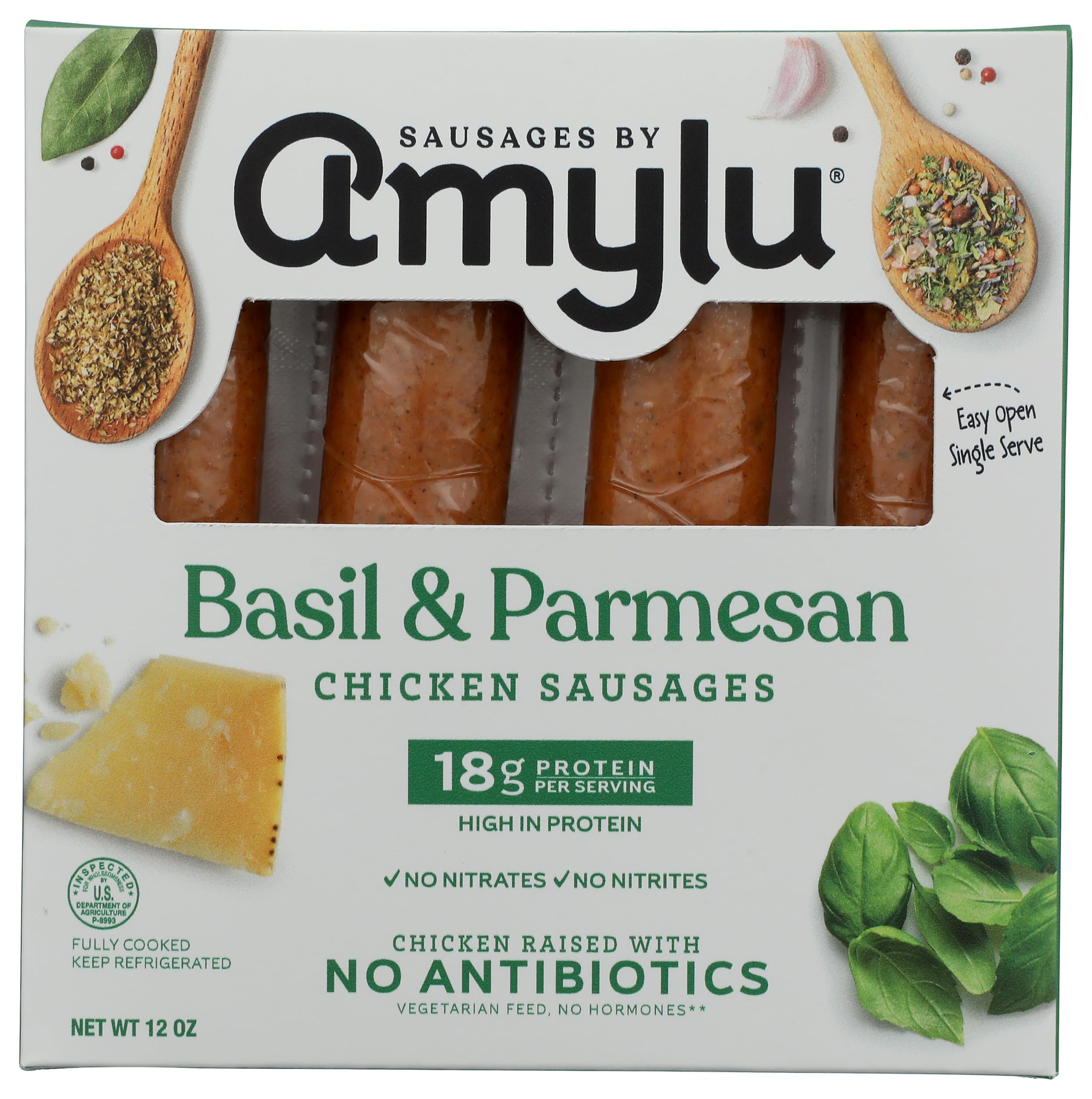 AmyLu Basil Parmesan Chicken Sausage, 12 OZ
