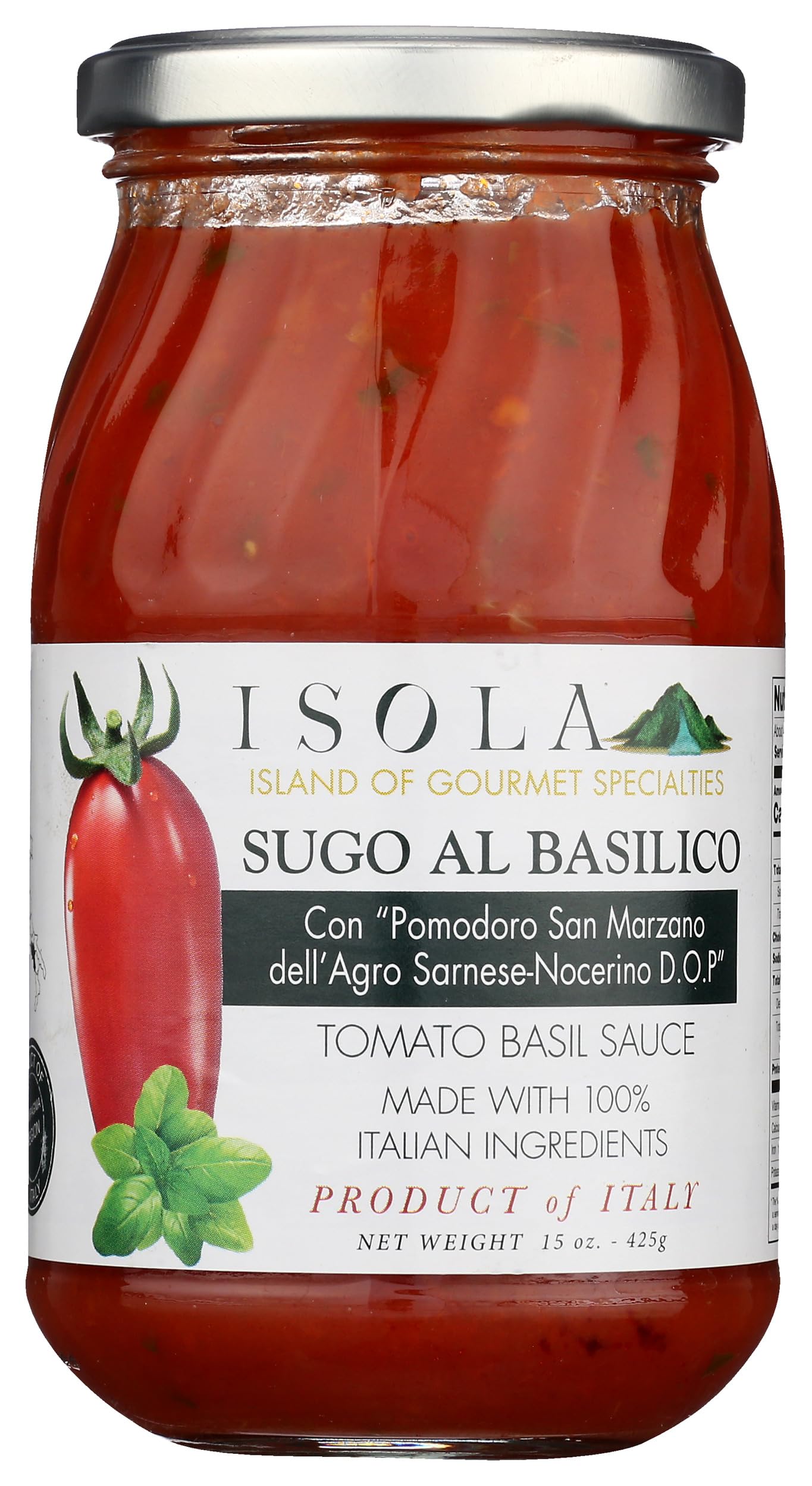 Isola Italian San Marzano Tomato Basil Pasta Sauce, 15 oz Jar, D.O.P. Certified Tomatoes, Smooth Texture, 100% Italian Ingredients, Rich Authentic Flavor