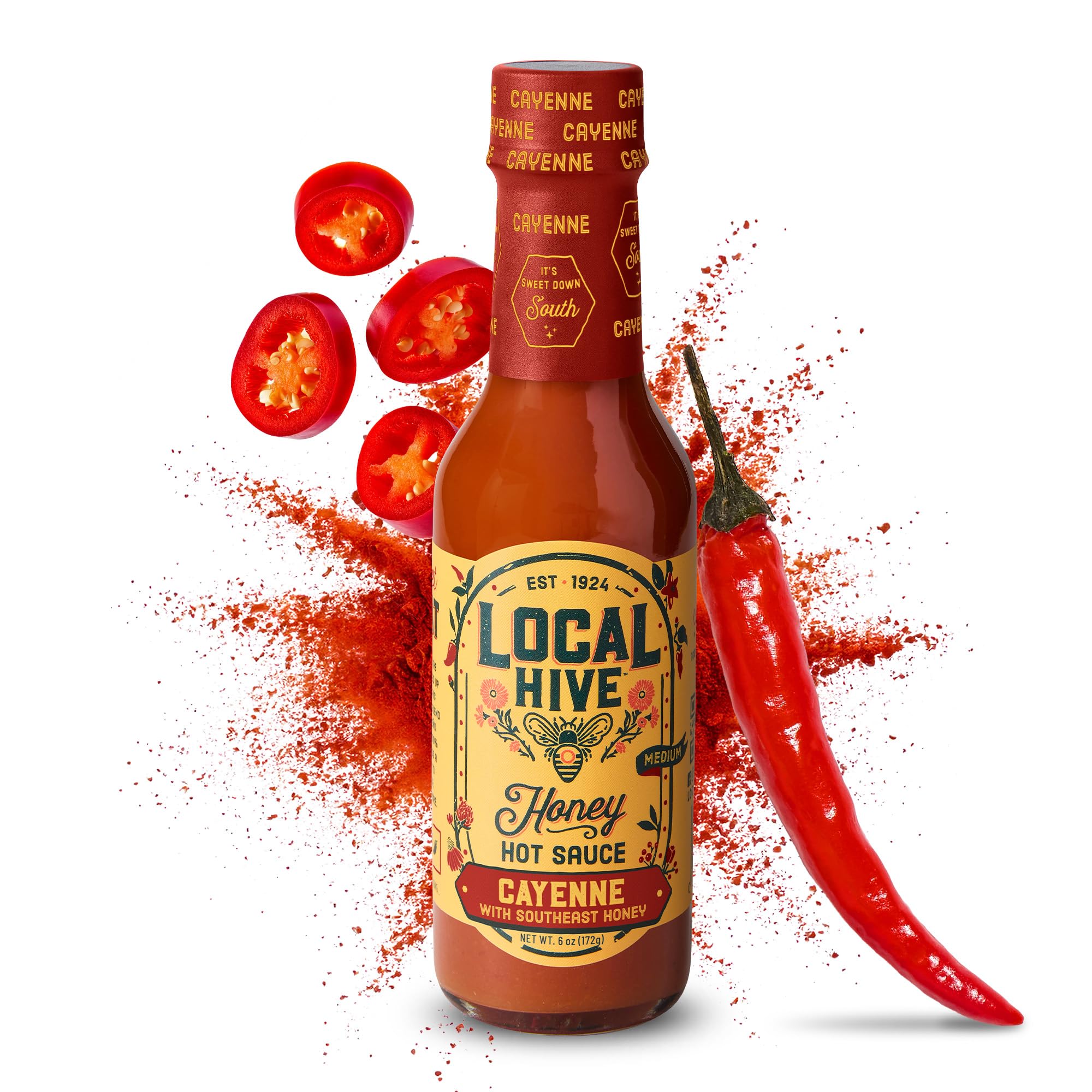 Local Hive Cayenne Honey Hot Sauce, Sweet Heat, 100% US Honey, 6 oz | Sweet-heat hot sauce with peppers and 100% US honey, great on wings, pizza, tacos, chicken & BBQ, no artificial flavors