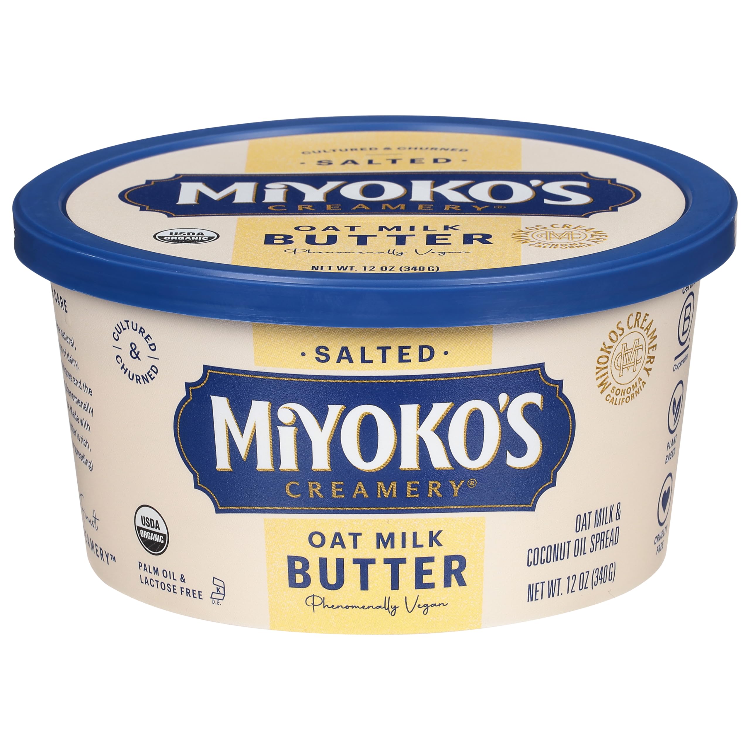 MIYOKO'S CREAMERY Organic Oat Milk Butter, Spreadable, Hint of Sea Salt, 12 Oz Tub, (1-Pack)