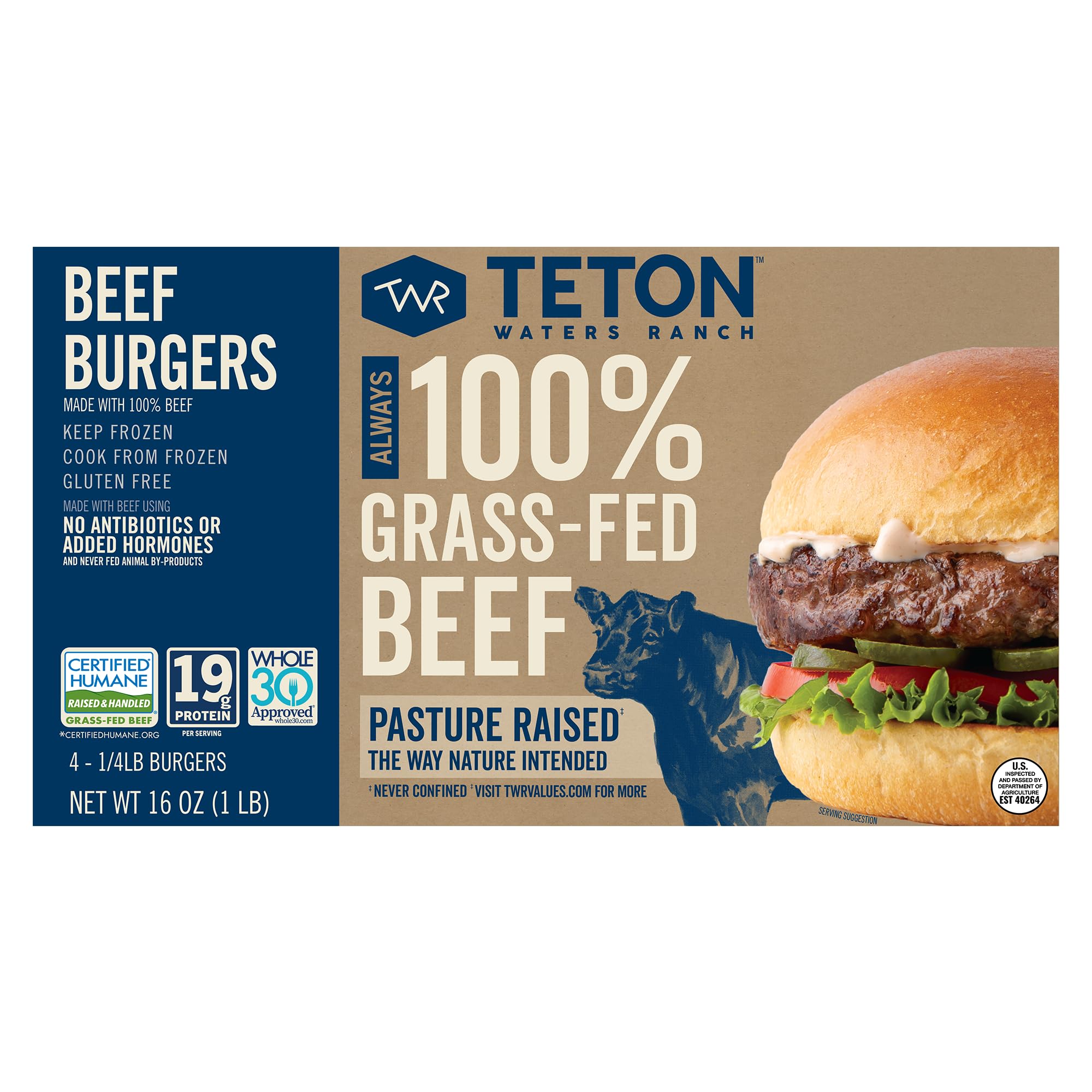 Teton Waters Ranch 100% Grass-Fed Beef Burgers, Frozen Burger Patties, No Sugar, No Antibiotics or Added Hormones, Gluten Free, Certified Humane - 4 Count (1 lb)