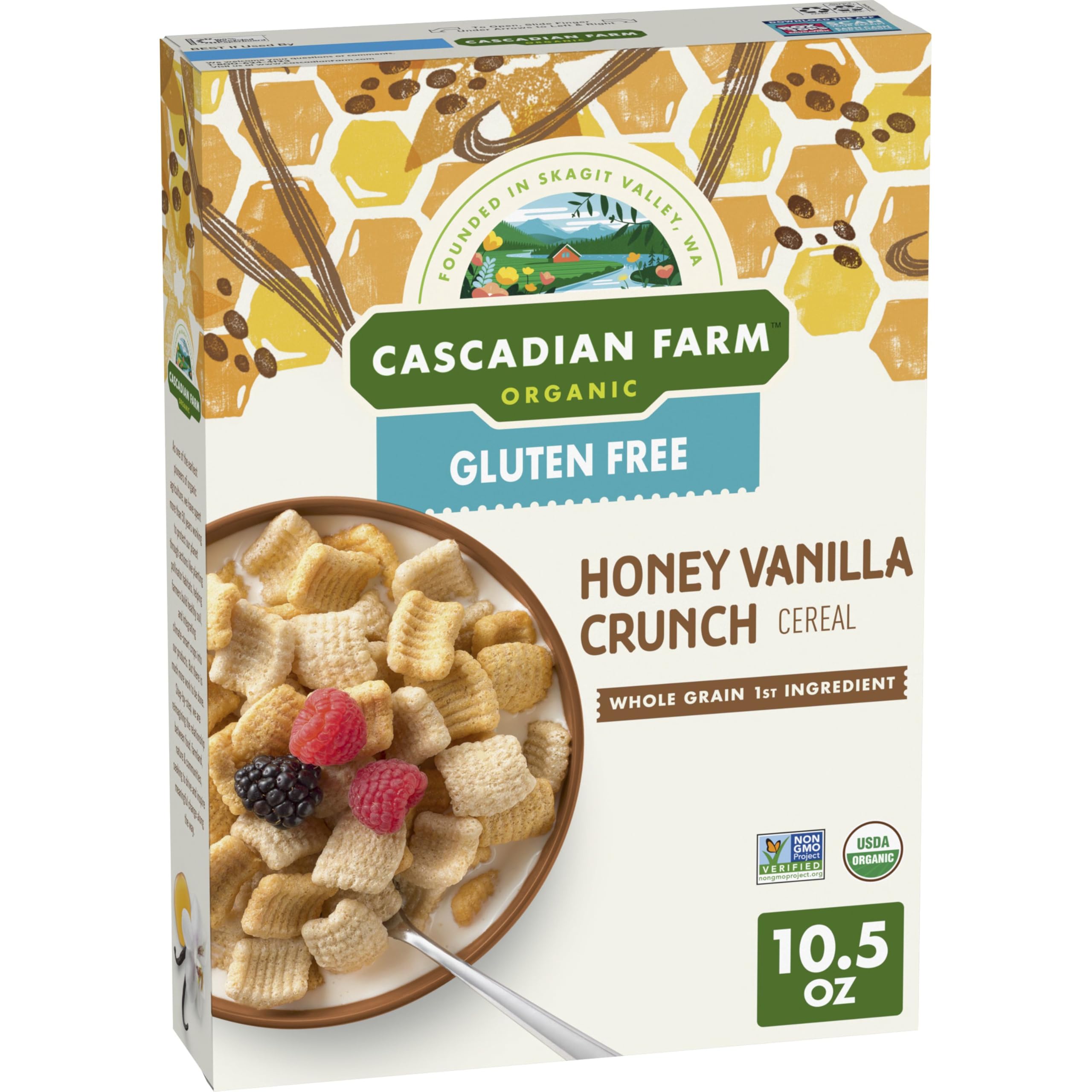 Cascadian Farm Organic Gluten Free Honey Vanilla Crunch Cereal, 10.5 oz | 26g Whole Grain per Serving, Non-GMO Project Verified, No Artificial Flavors, Great with Milk or as a Yogurt Topping