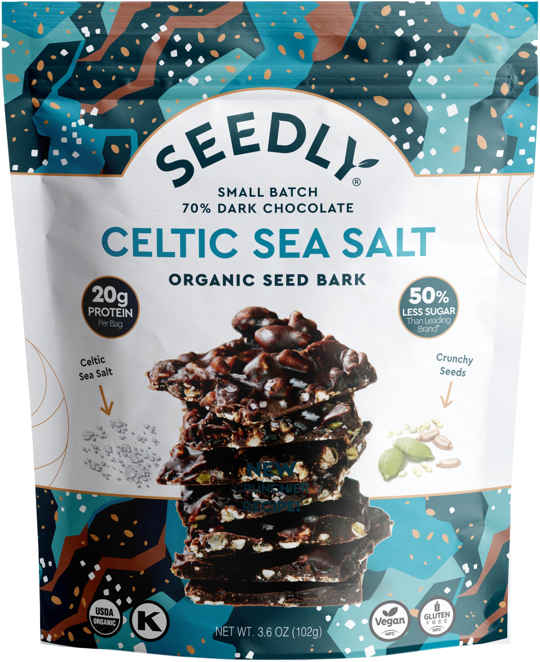 Seedly, Bark Seed Dark Chocolate Celtic Sea Salt Organic, 3.6 Ounce