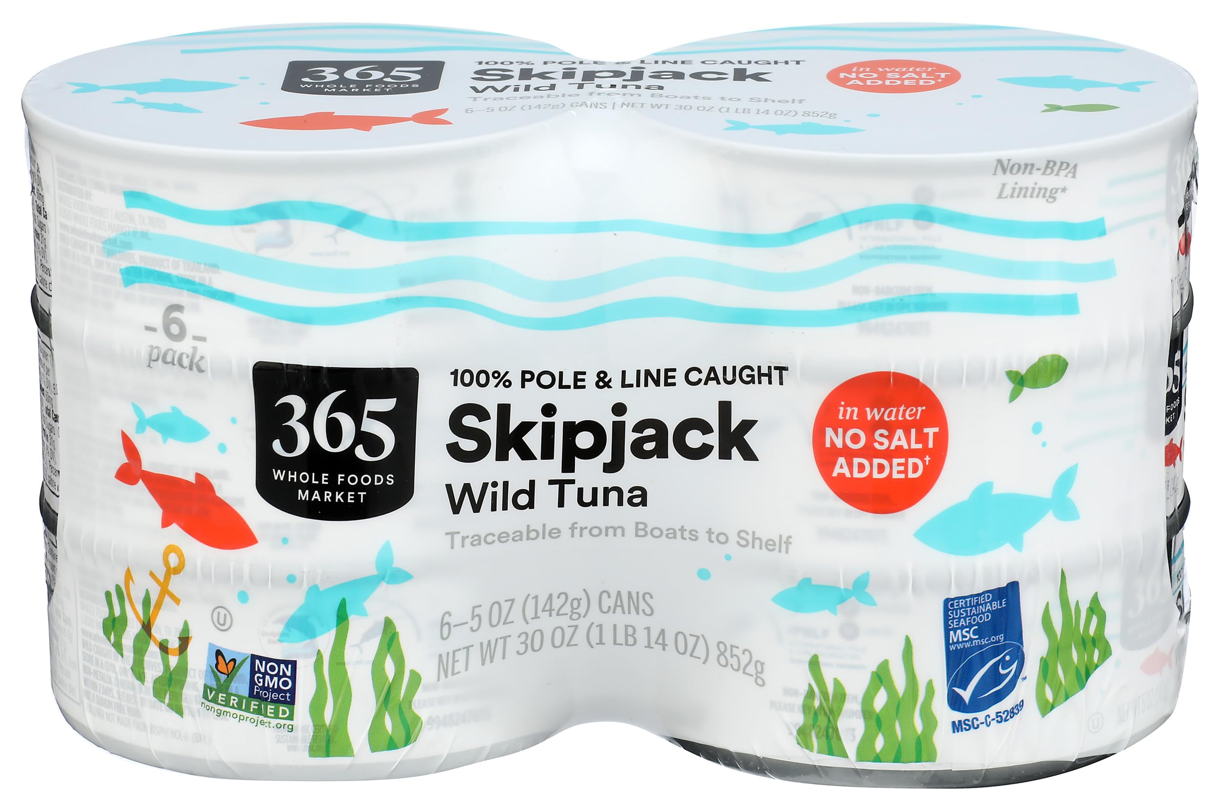 Skipjack Tuna in Water No Salt Added, 30 Ounce, 6 Pack
