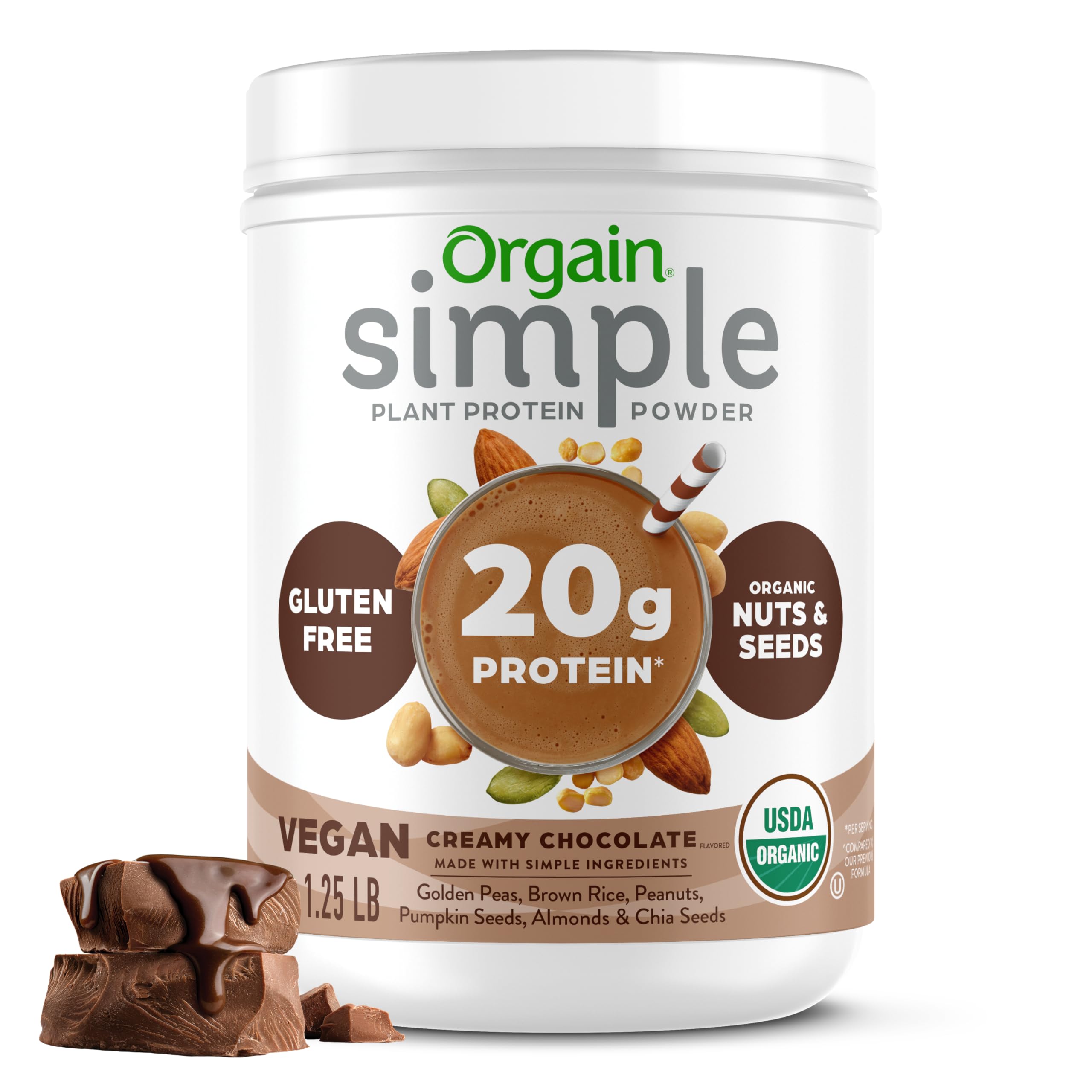Orgain Organic Simple 20g Vegan Protein Powder, Chocolate, 1.25lb | Plant based protein made with less ingredients, no artificial sweeteners, gluten free, no dairy, packaging may vary