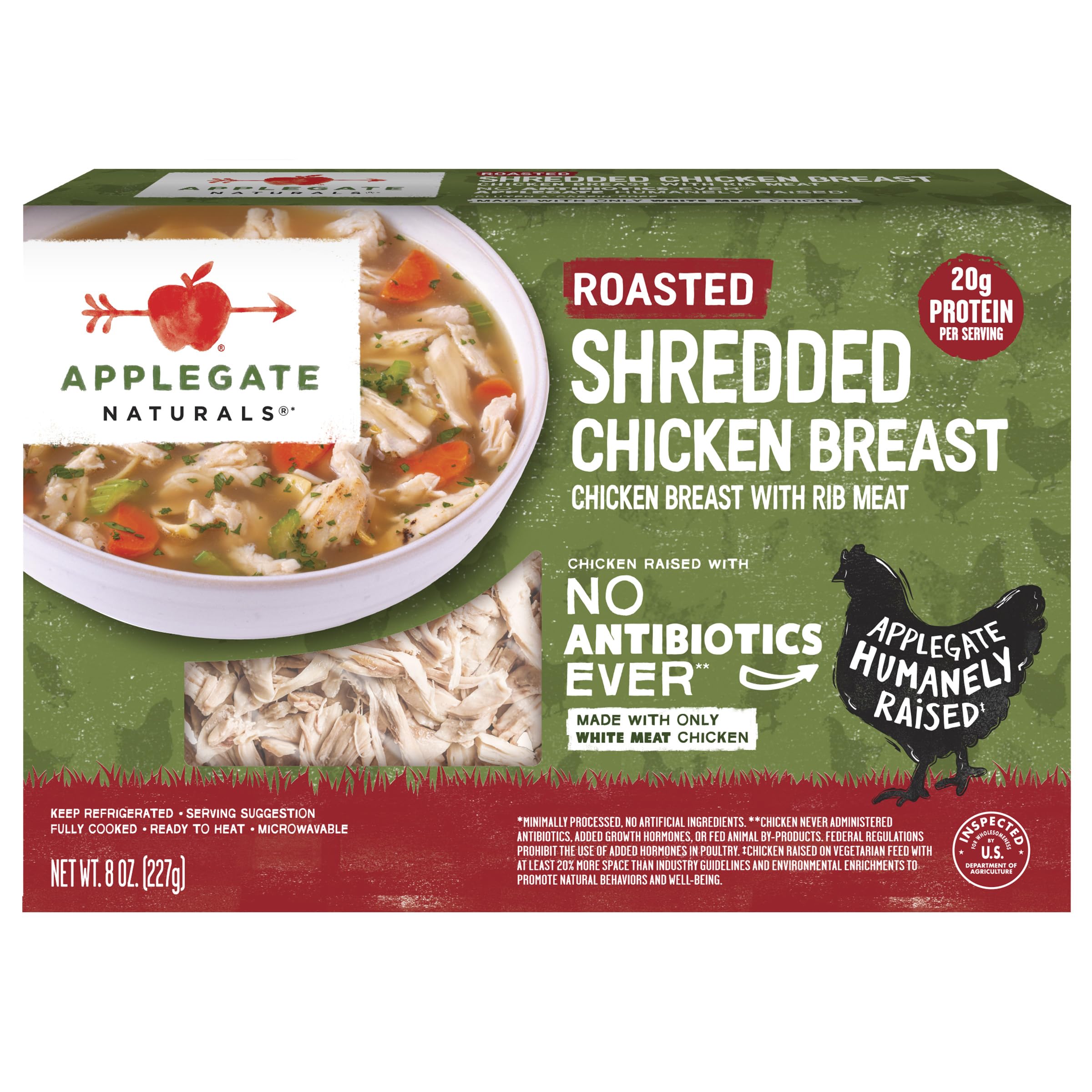 Applegate Naturals Roasted Shredded Chicken Breast, 8 oz | Fully Cooked Ready-to-Eat, White Meat Chicken, 20g Protein, Refrigerated Meal Prep Protein