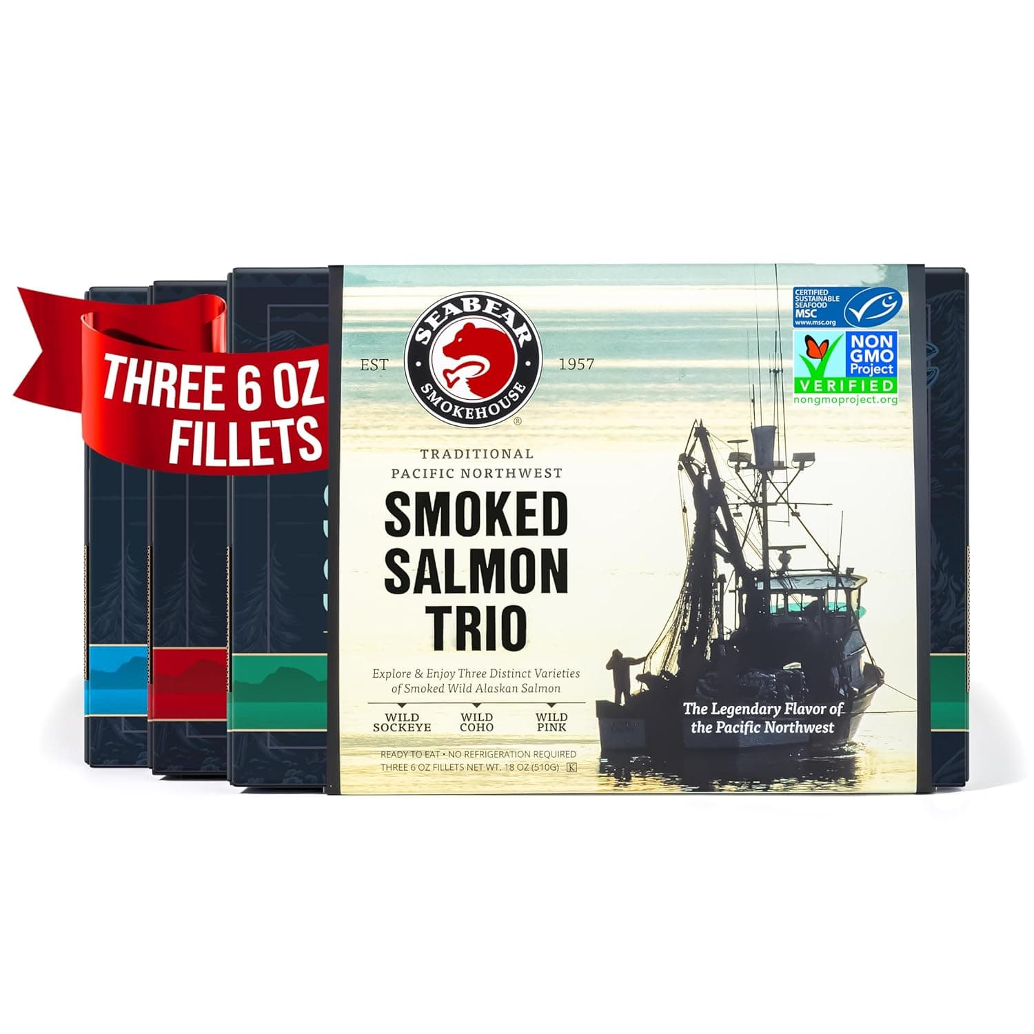 SeaBear - Premium Wild Alaskan Smoked Sockeye, Coho, and Pink Salmon Trio