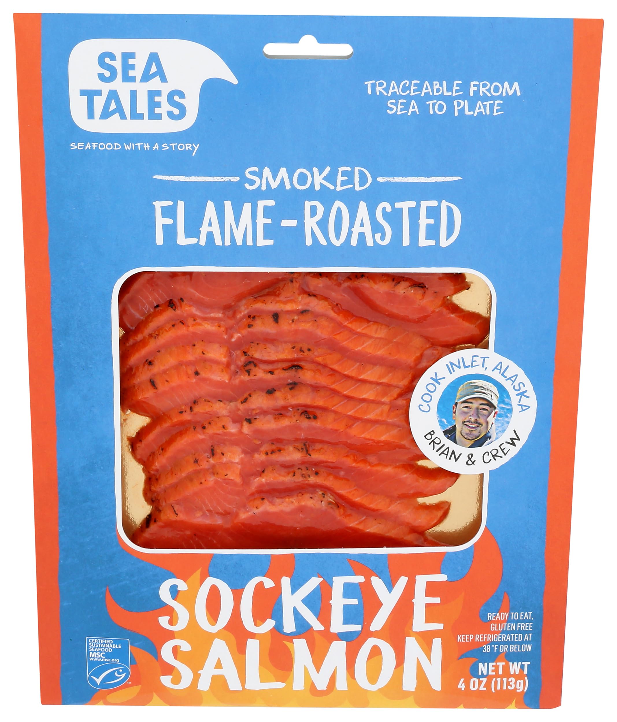 Sea Tales, Salmon Sockeye Smoked Flame Roasted Previously Frozen, 4 Ounce