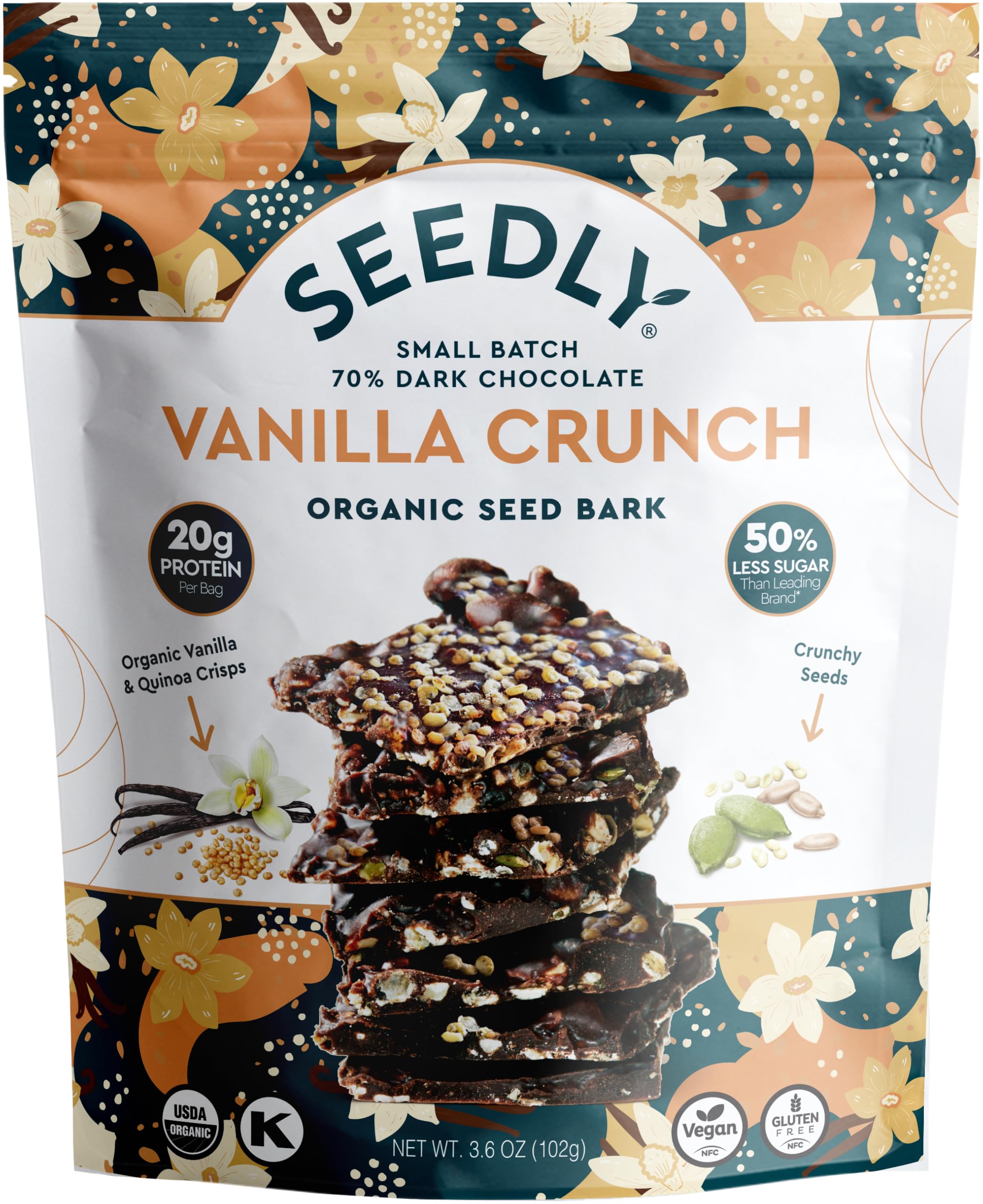 SEEDLY Organic 70% Dark Chocolate Snacking Bark with 20g Protein, 50% less sugar - Vanilla Crunch - Keto, Vegan Snacks, Gluten-Free, Low Carb, Non-GMO, Stevia-Free, No Weird Additives, 3.6oz (Pack of 1)