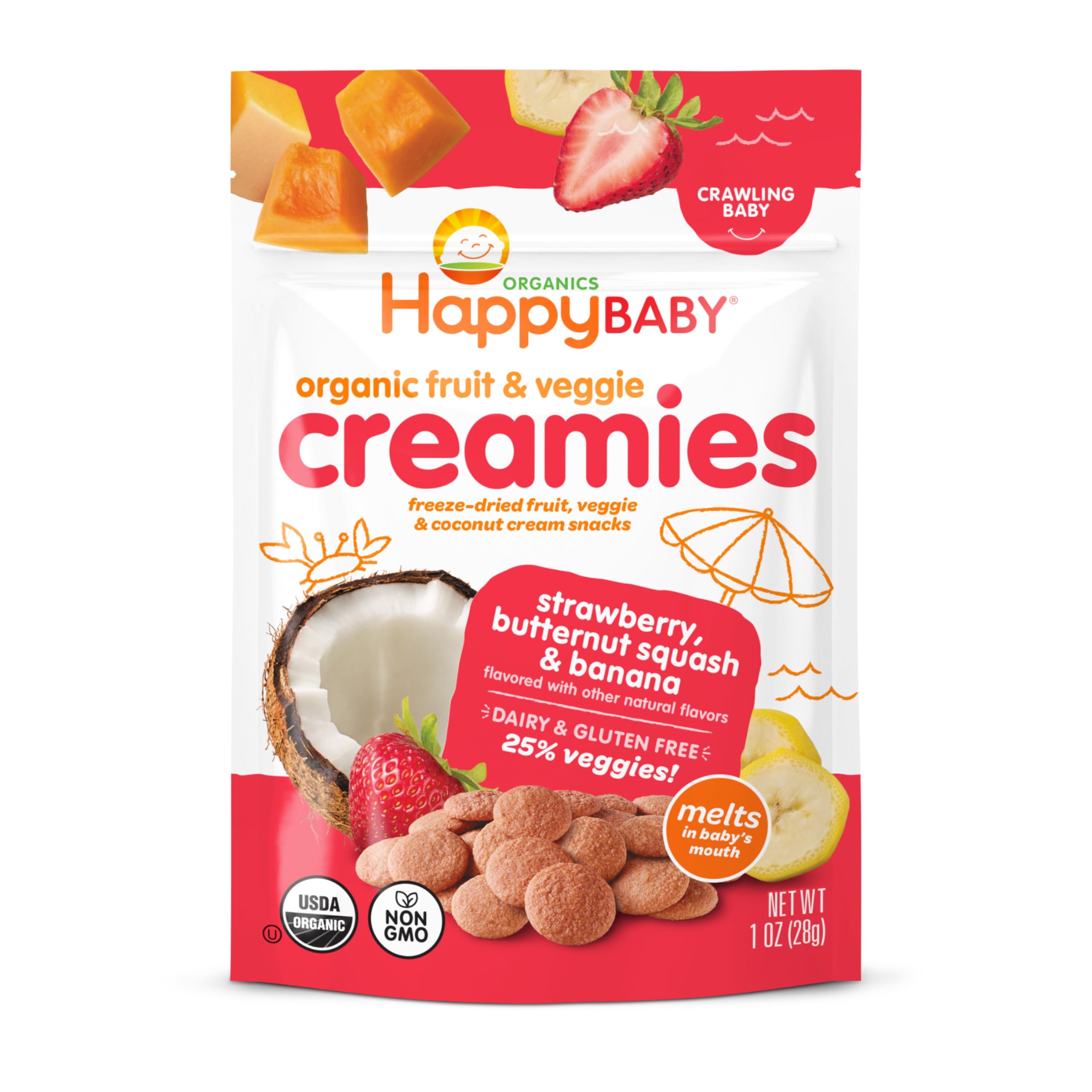 Happy Baby Organic Creamies Freeze-Dried Fruit, Veggie, & Coconut Cream Snacks, with Strawberry, Butternut Squash, and Banana, Made for Crawling Baby, 1 Ounce Bag