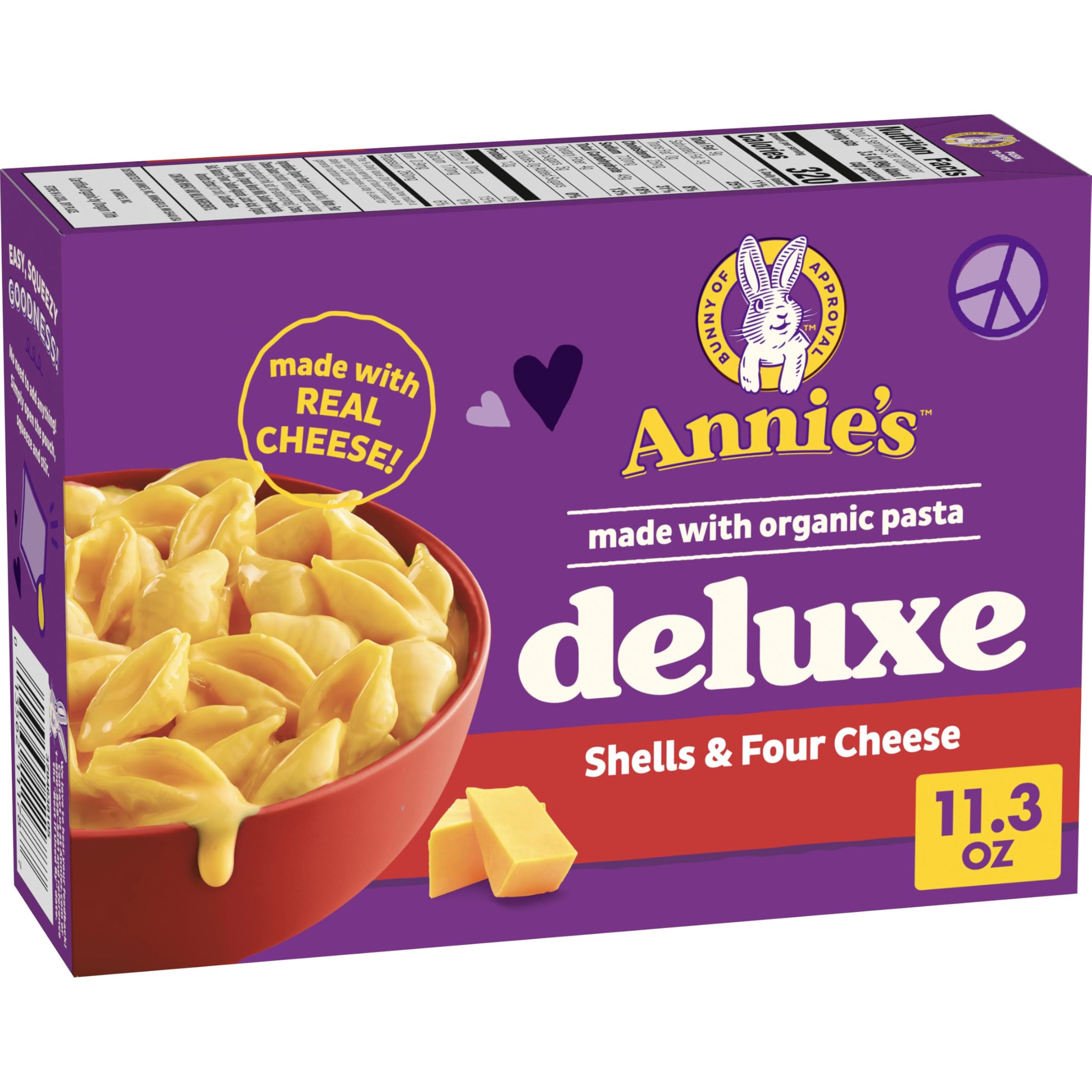 Annie's Deluxe Four Cheese Mac and Cheese Shells, 11.3 oz | Organic Pasta Shells, Real Cheddar, Monterey Jack, Parmesan & Asiago Cheese Sauce, No Artificial Flavors or Synthetic Colors