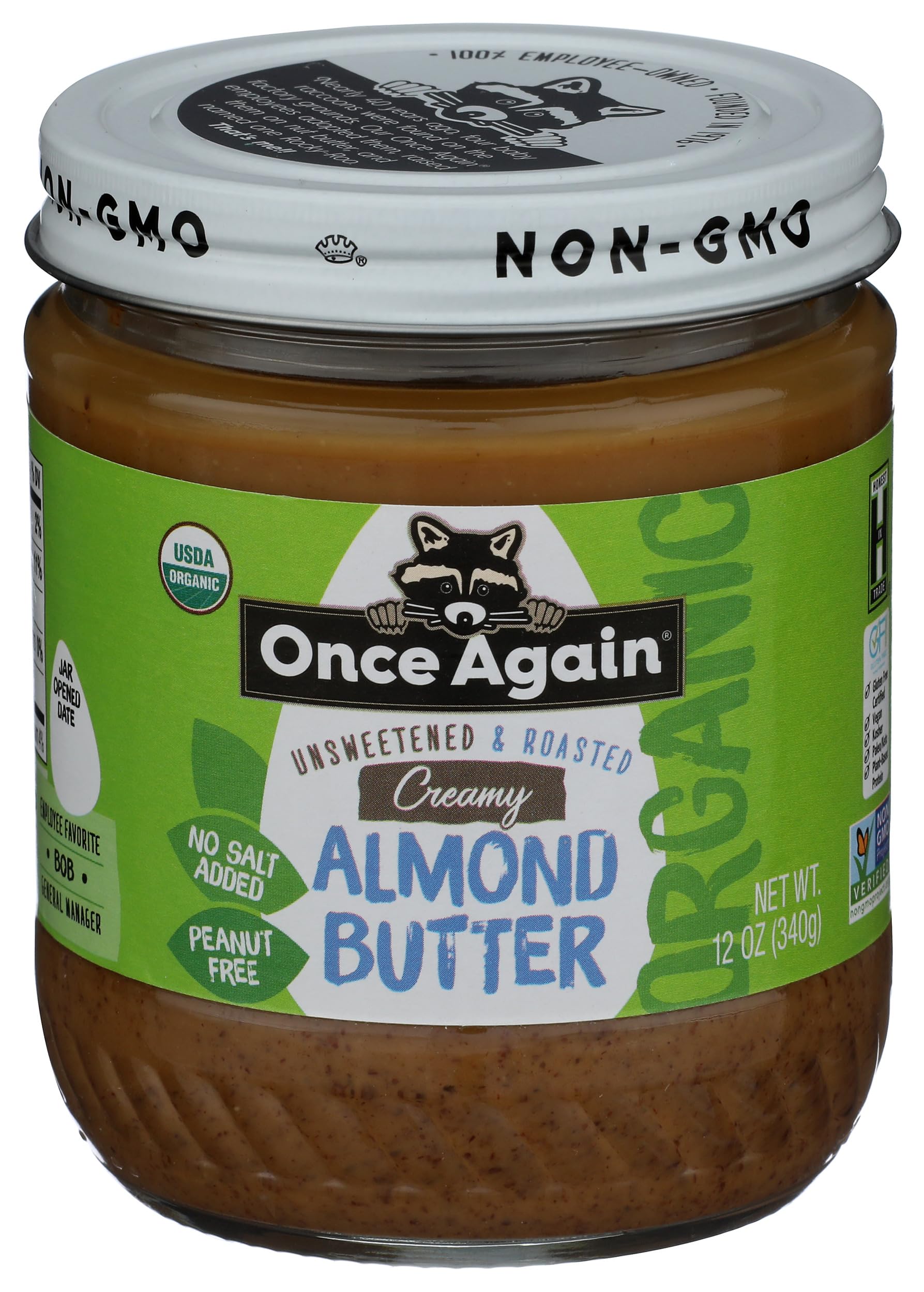 Once Again Creamy Organic Almond Butter No Sugar, Roasted - Single Ingredient Nut Butter, No Palm Oil, No Salt - Glass Jar, Non-GMO, Gluten Free, Vegan (12 oz Glass Jar)