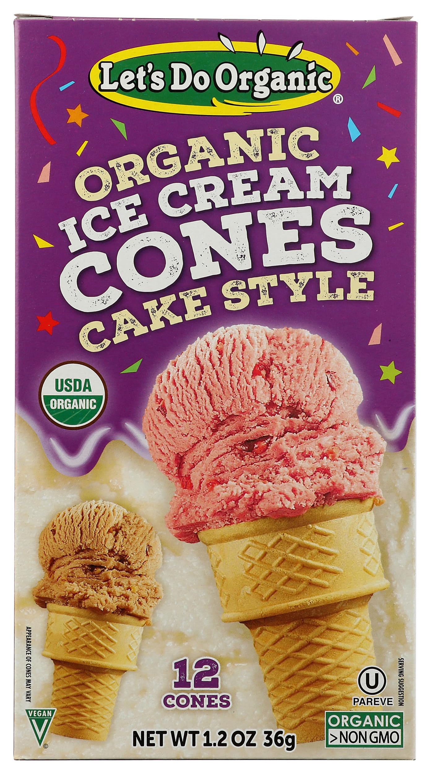 Lets Do Organic Ice Cream Cones - Sugar Cones for Ice Cream, Mini Ice Cream Cones, Ice Cream Cups, Crispy Cones, Mini Cake Cones - 1.2 Oz (Pack of 12)