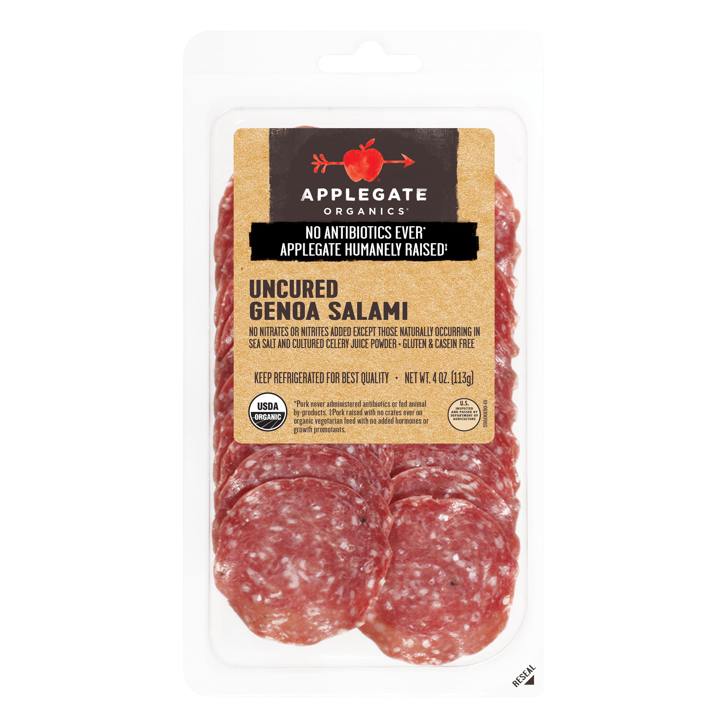 APPLEGATE ORGANICS Uncured Genoa Salami, 4 oz | No Antibiotics Ever, No Artificial Ingredients, Snack & Charcuterie Favorite