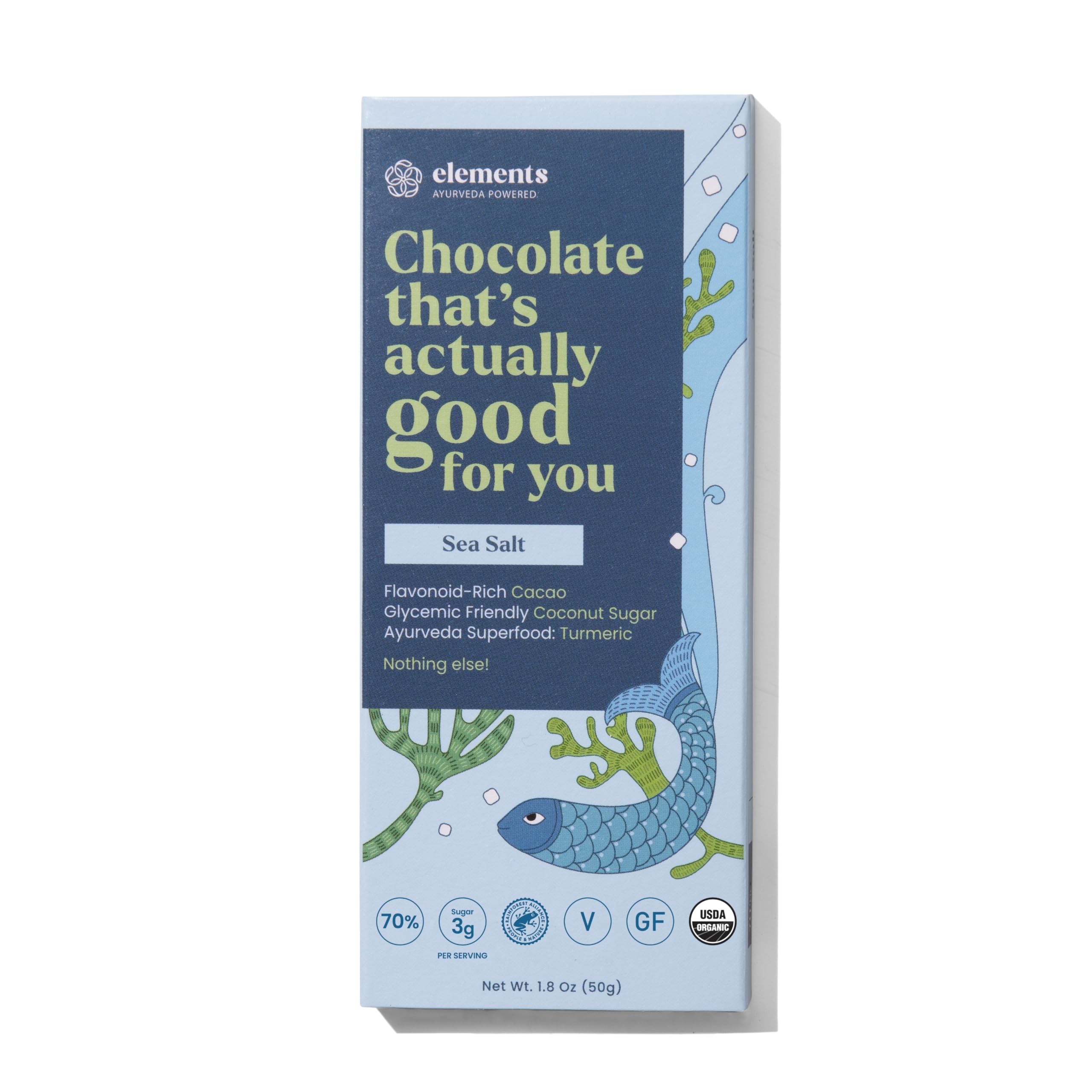 Elements Truffles Sea Salt Flavoured Dark Chocolate Bar| Ayurvedic, Vegan & Gluten Free | No Refined Sugar & Artificial Flavours | Enriched with Cocoa, Coconut Sugar & Turmeric 50g