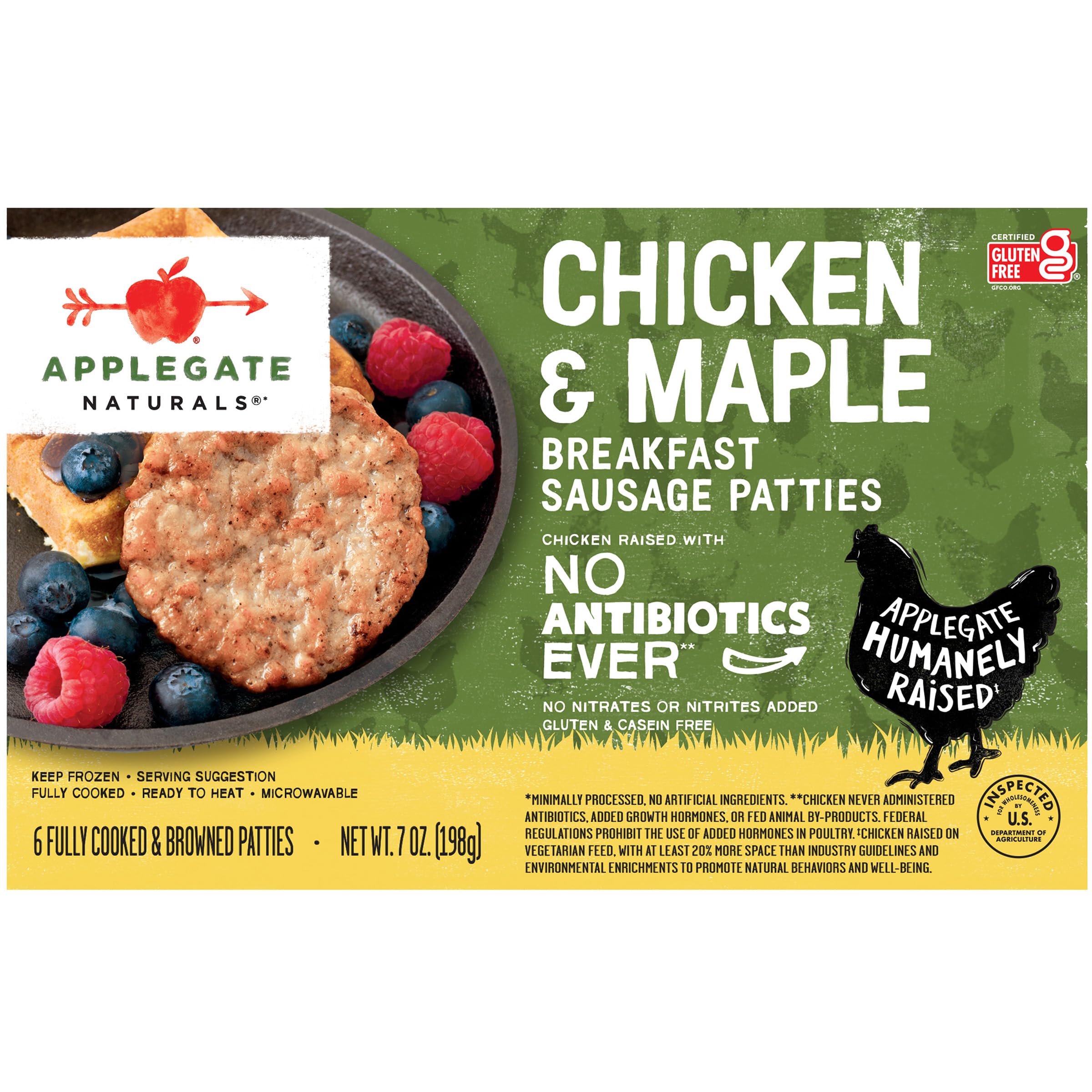 APPLEGATE NATURALS Chicken & Maple Breakfast Sausage Patties, 7oz | No Antibiotics Ever, Certified Gluten-Free, Fully Cooked, Frozen, Ready for busy mornings