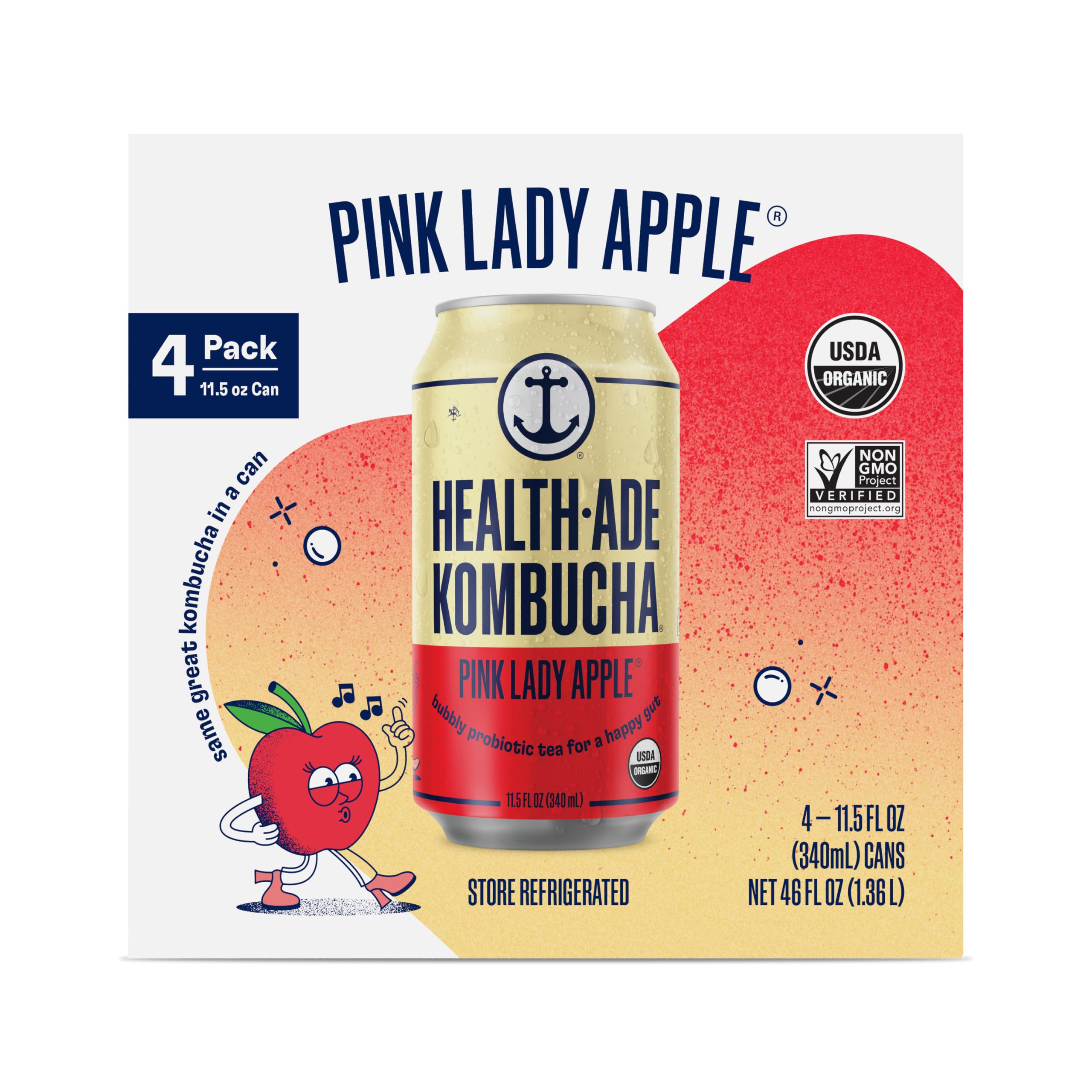 Health Ade, Kombucha Apple Pink Lady Can 4 Pack Organic, 46 Fl Oz