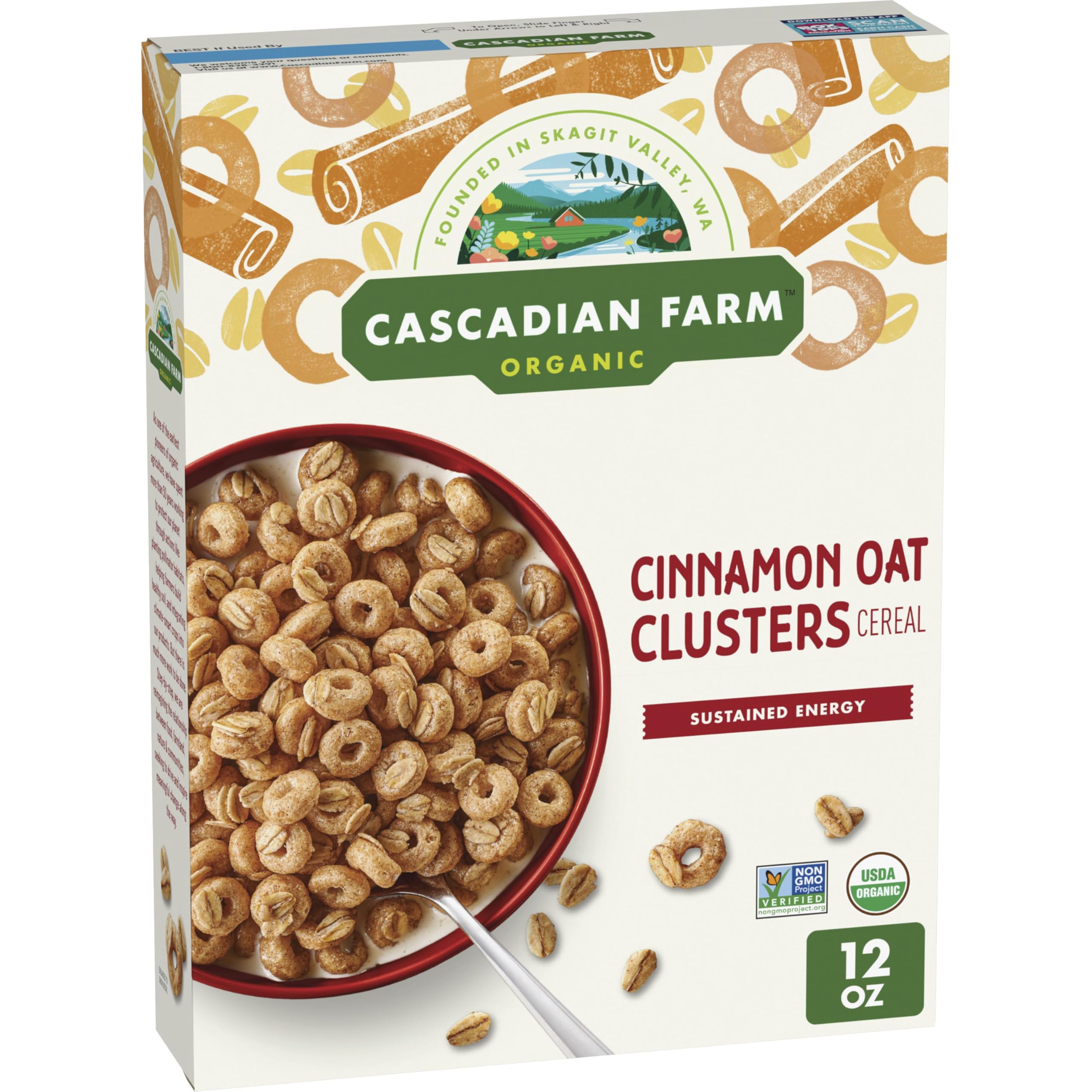 Cascadian Farm Organic Cinnamon Oat Clusters Cereal, Non-GMO, 15 oz | Made with Whole Grain Oats and Barley Flour; USDA Organic; Non-GMO Project Verified; 31g Whole Grain, 5g Fiber, 15 oz